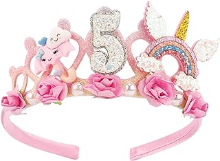 5th Birthday Headband Flower Birthday Crown for Girls 5th Birthday Decorations for Girl Pink Hair Band Cute 5 Year Old Princess Tiara Birthday Party Decorations Accessory Gift - Buy now