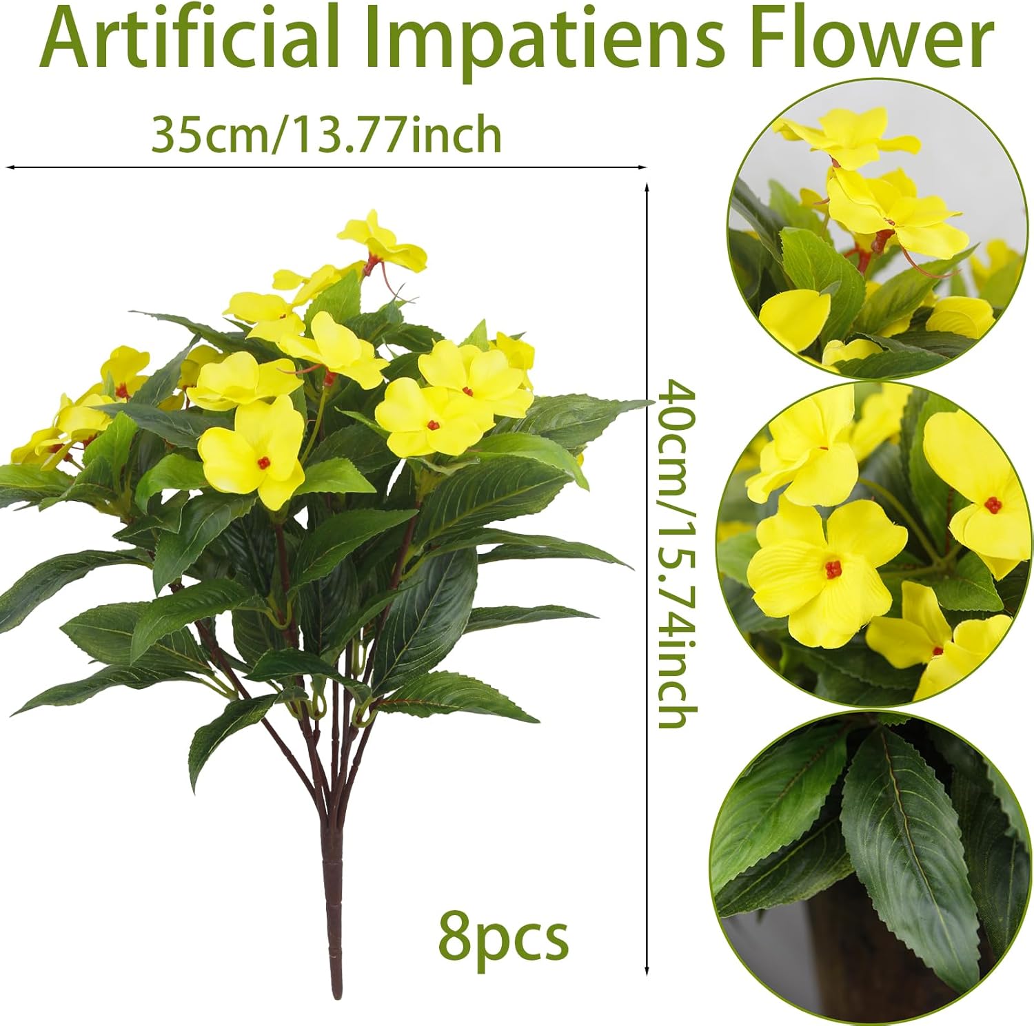 8 Pcs Artificial Impatiens Flowers for Outdoors Faux Impatiens Bushes Yellow Silk Flowers Greenery Artificial Impatiens Bouquet for Patio Lawn Garden Pot Hanging Basket Porch Decoration