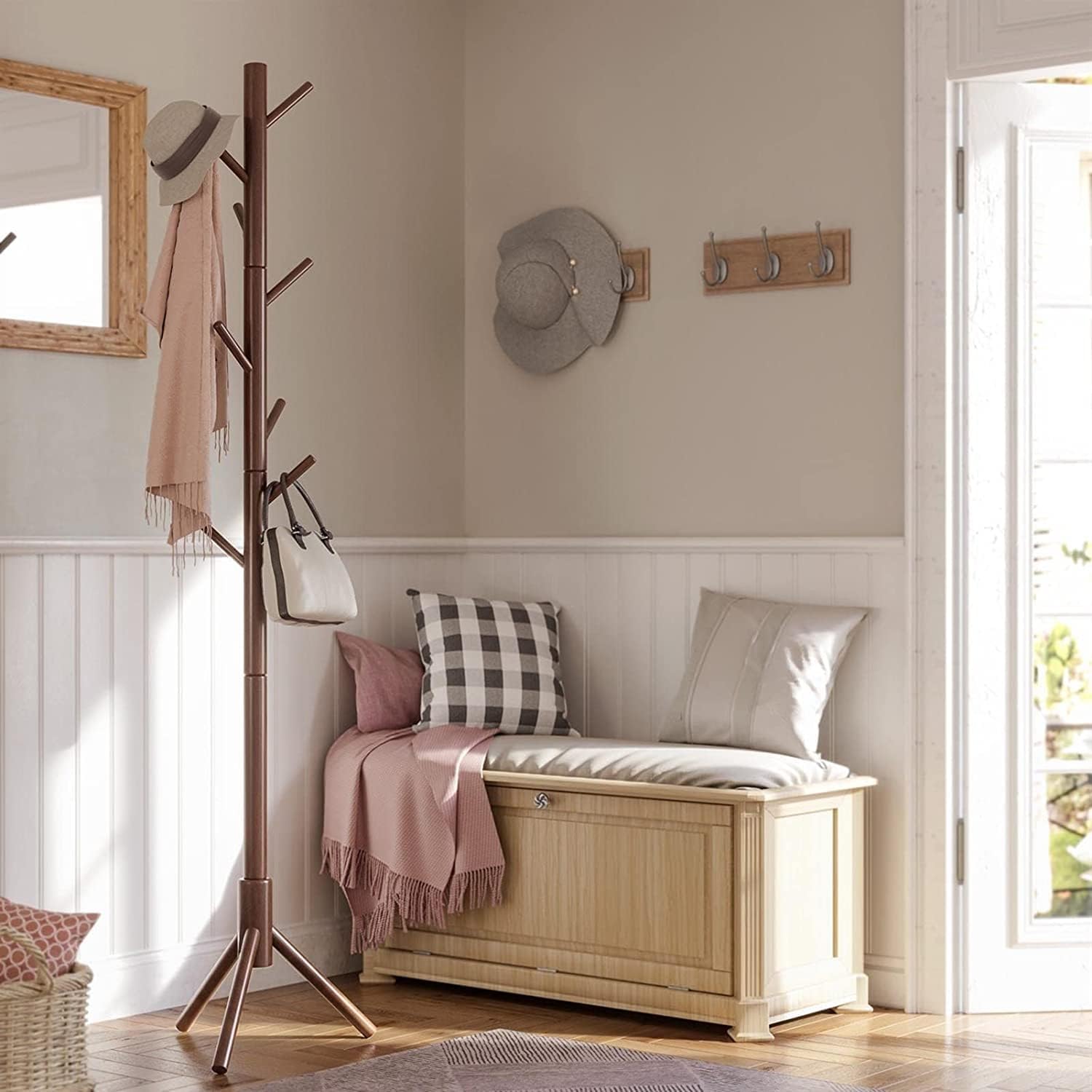 Coat Rack Freestanding Coat Stand Rack Coat Tree Wood Coat Rack, Floor Coat Stand, Free Standing Hall Coat Tree for Coats Hats Bags Purses Umbrellas Hall Tree Coat Tree R