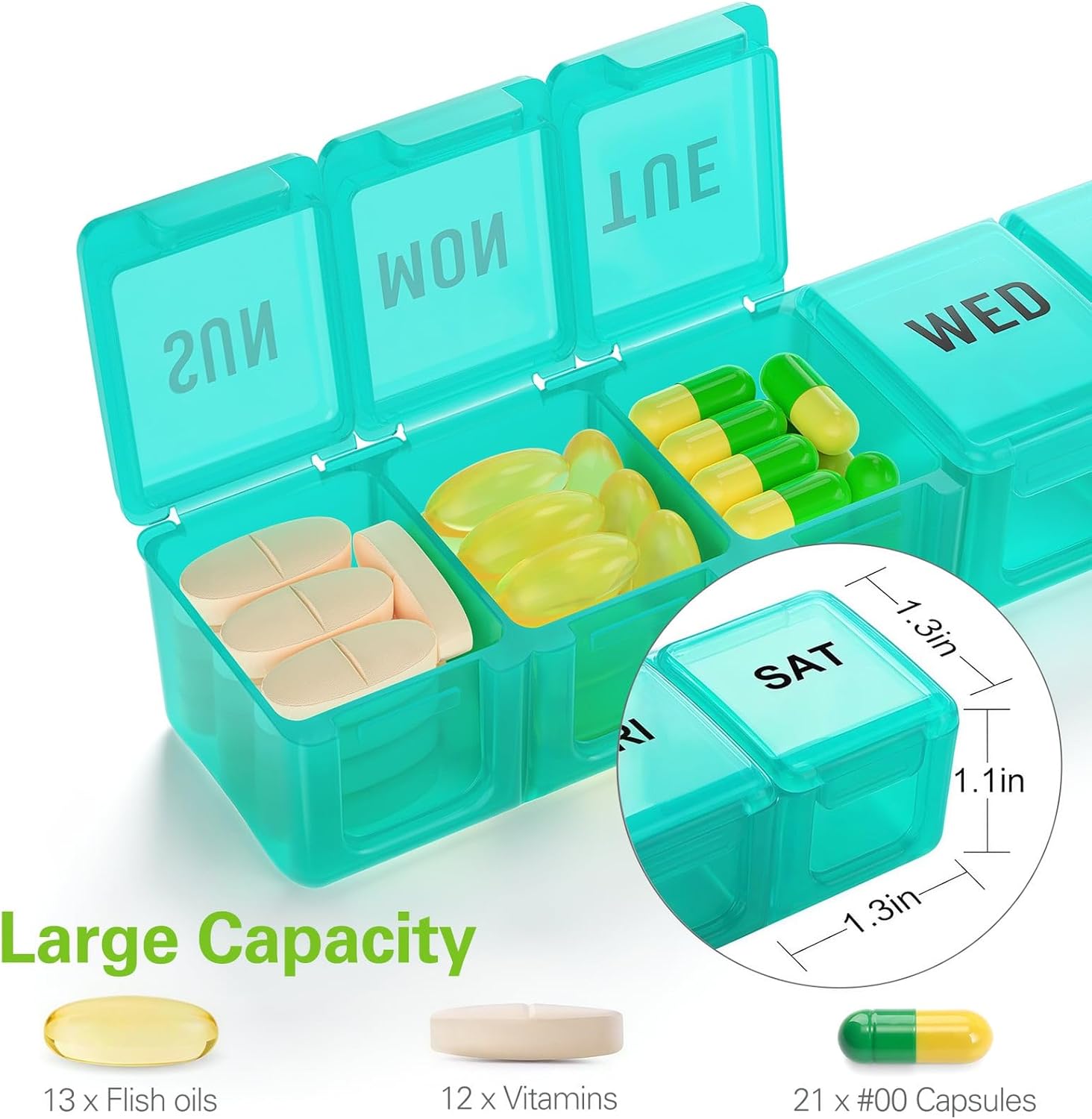 BUG HULL Weekly Pill Organizer Large 2 Packs, Extra Large Travel Pill Organizers, Pill Box 7 Day, Travel Pill Case, Medicine Pill Organizer for Vitamins, Supplements and Medications (Blue Green)