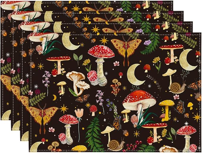 Artoid Mode Black Modern Mushroom Placemats Set of 4, 12x18 Inch Seasonal Table Mats for Party Kitchen Dining Decoration