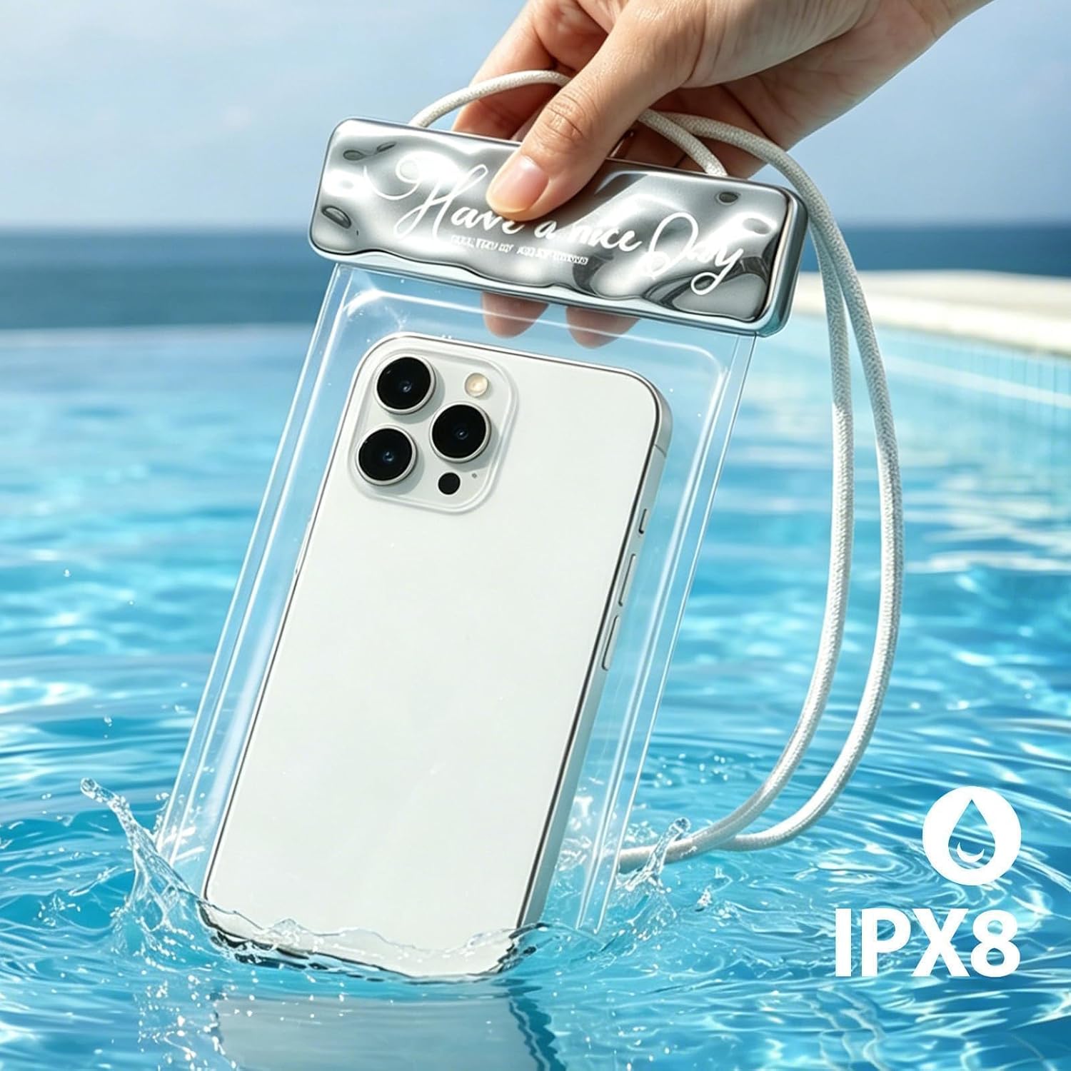 MOLOPPO 1 Pack Advanced IPX8 Waterproof Phone Pouch with Bright Silver Ripple Design, Secure Dual-Strip Seal, Fits Phones Up to 7.2" for Beach, Swimming & Vacation Essentials, for iPhone pro max