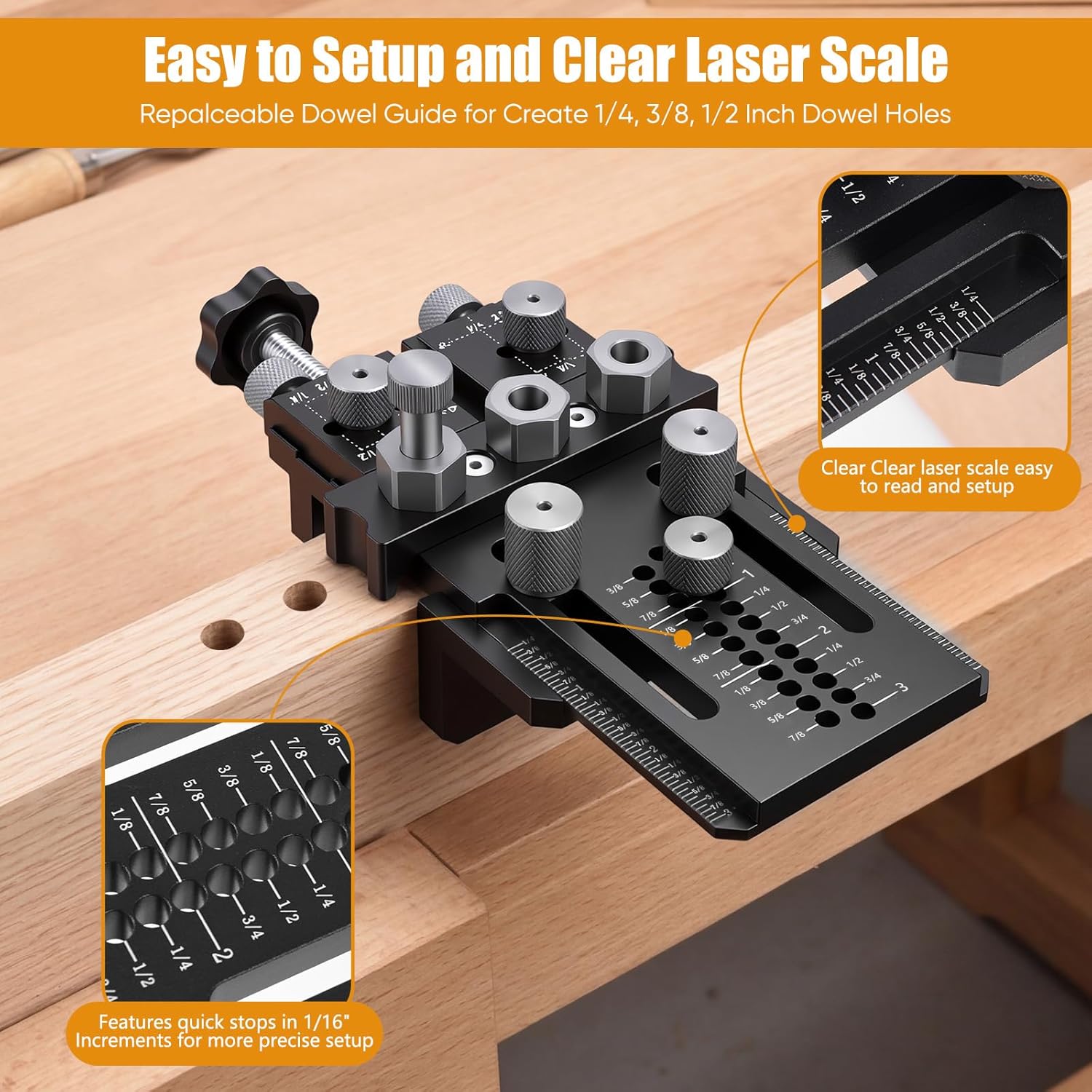 Dowel Jig Kit with Quick Positive Stop & Clamp, Adjustable Doweling Jig for 1/4", 3/8", 1/2" Drill Bits, Accurate Straight Holes for Any Thickness Wood Joints, Cabinet & Furniture