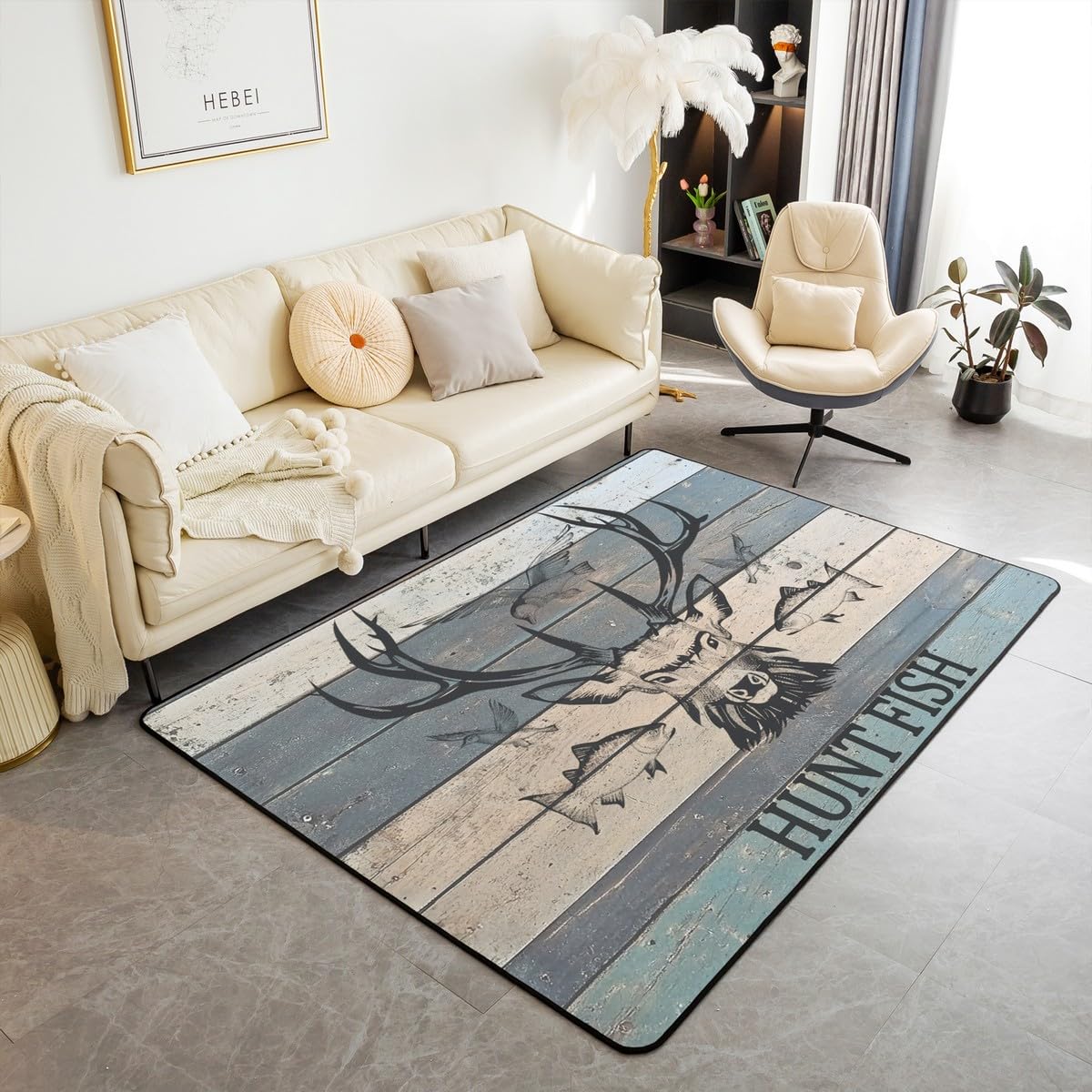 Manfei Hunt Fish Kids Area Rug Wild Animal Hunting and Fishing Floor Mats Rugs for Boy, Grey Blue Wooden Plank Decorative Rug for Living Room,