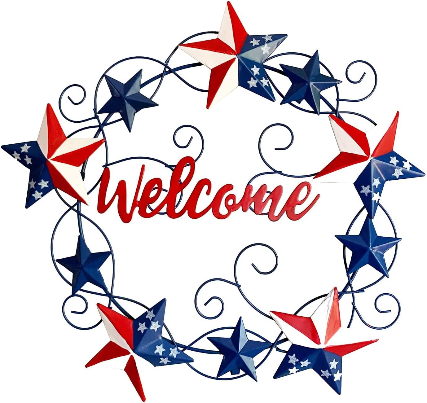 Metal Cutout Welcome Wreath with Americana Stars, Rustic Metal Star Outdoor Wall Decor, Decorative 4th of July Vintage Patriotic Wall Door Decorations
