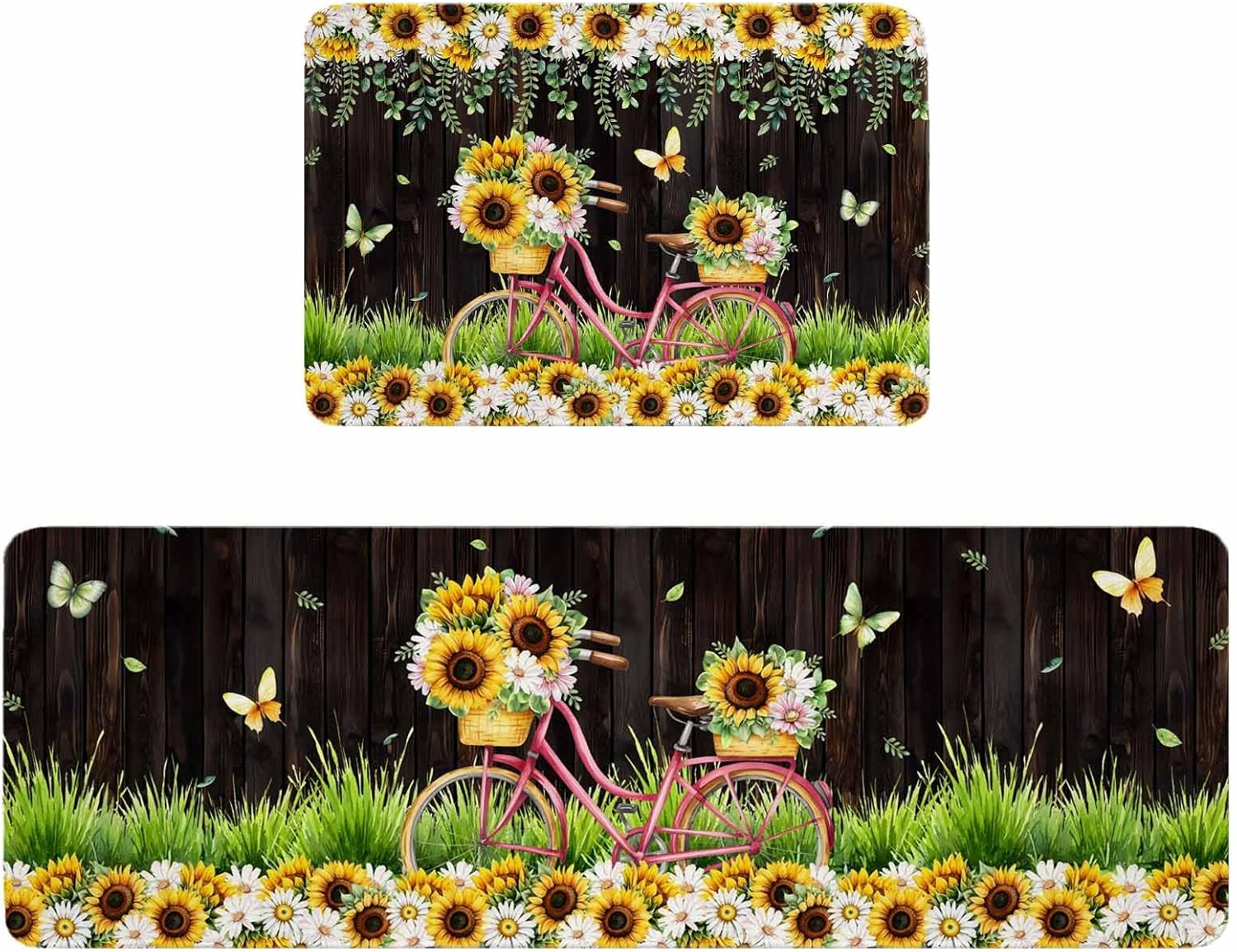 Spring Sunflowers Kitchen Rugs and Mats Set of 2, Non-Slip Kitchen Sink Mat, Bicycles Botanical Flowers Wooden Grain Washable Doormat Bathroom Rugs Runner for Bedroom/Living Room 19.7"x31.5"+19.7"x63"