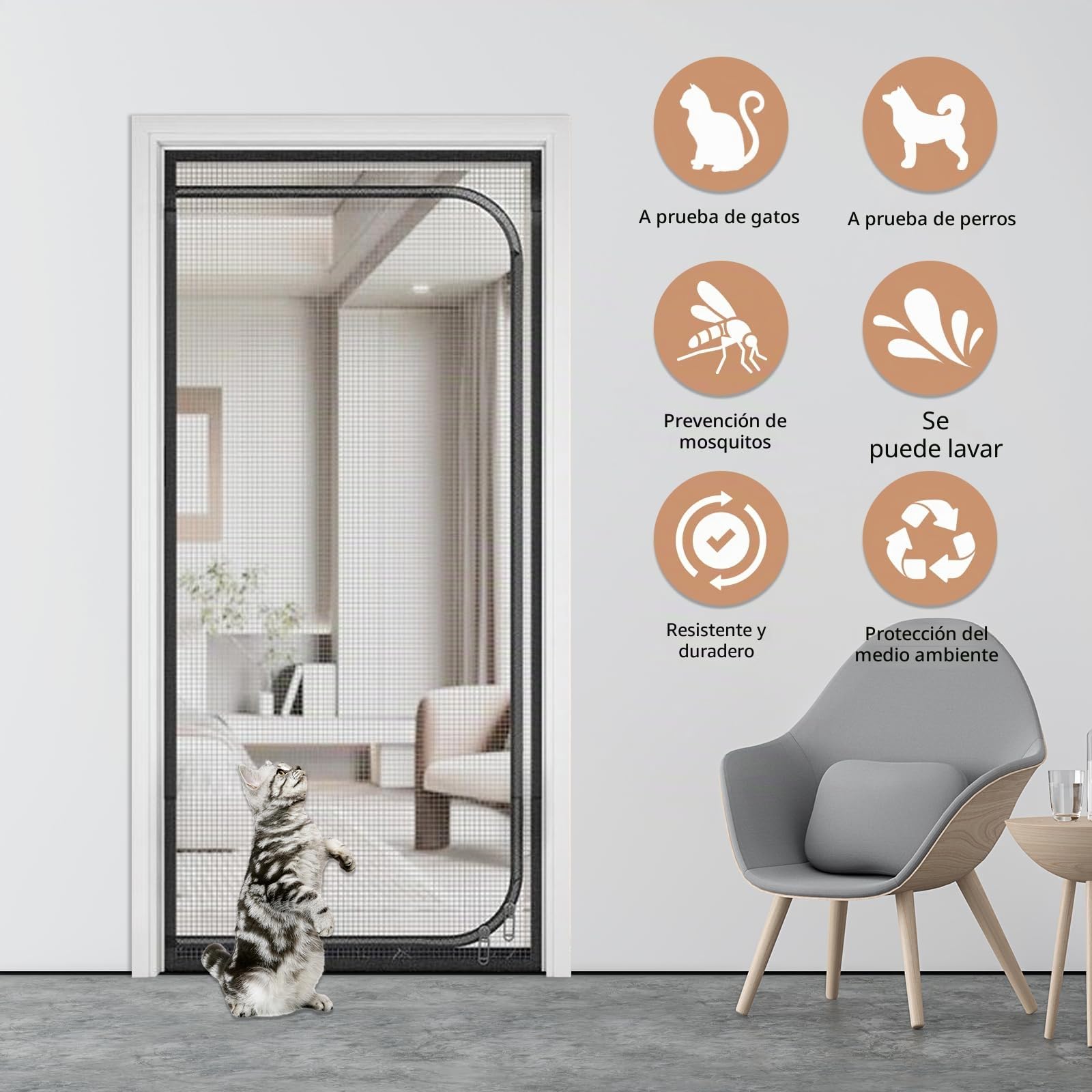 Rejilla para gatos, puerta de balcón, engrosada para perros y gatos, con cremallera, red de puerta para evitar que el gato se salga, rejilla de protección para gatos para salón, dormitorio (negro, 80