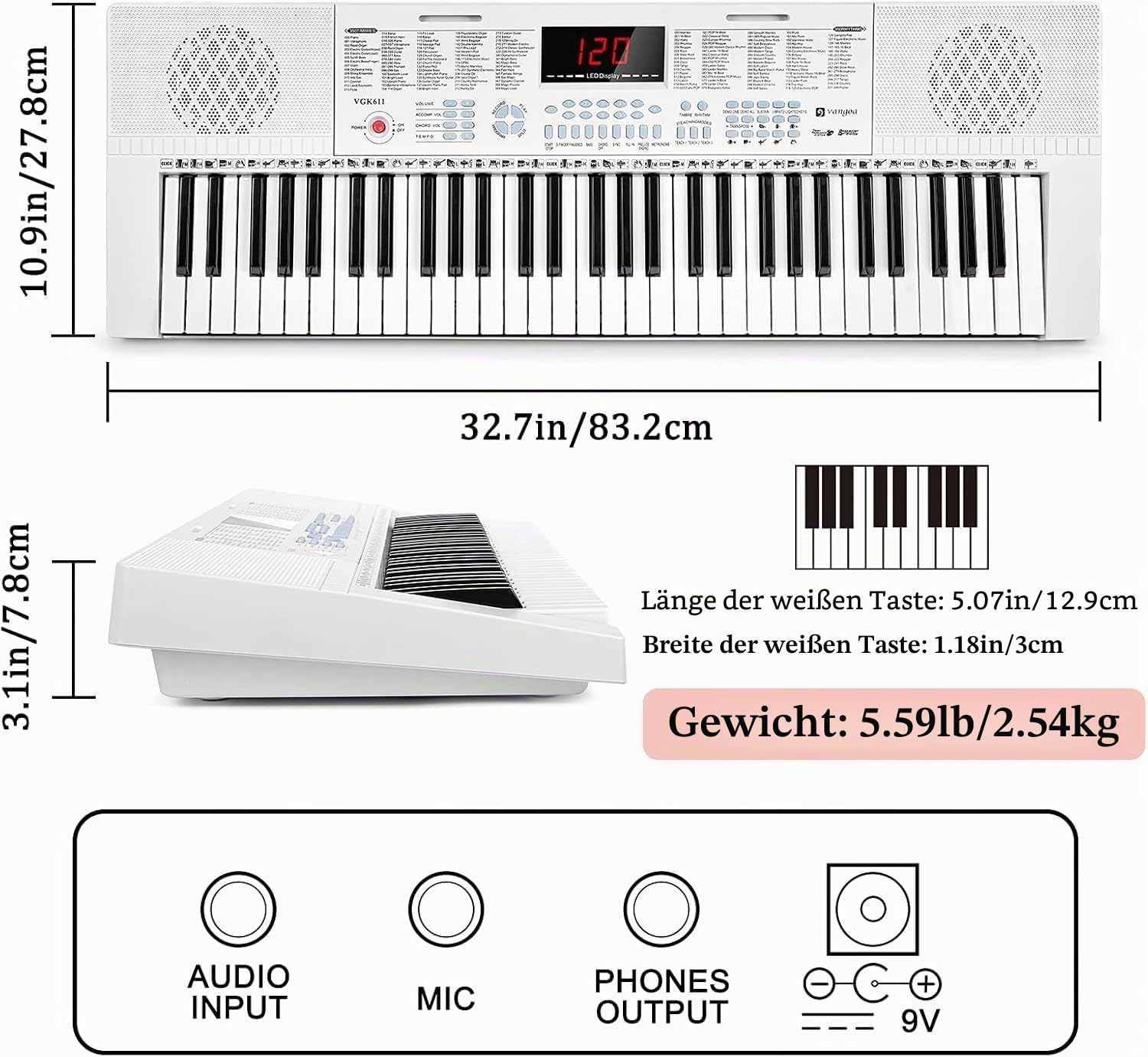 Vangoa Elektronische Klaviertastatur 61 Leuchttasten Tragbare Anfänger Musik-Tastatur Klavier, Notenständer, Mikrofon, 350Klangfarben, 350 Rhythmen, 30 Demos, Weiß