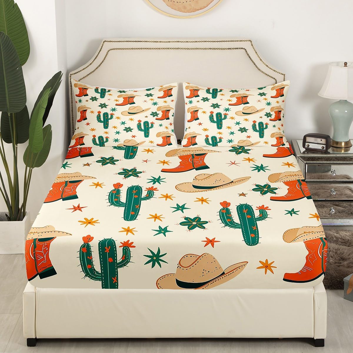 Farmstyle Bed Sheets Twin Size Western Farmhouse Fitted Sheet for Cowgirls Kids Cowboy Boots Bed Set Stripes Bedding Sets Green Cactus Beddings