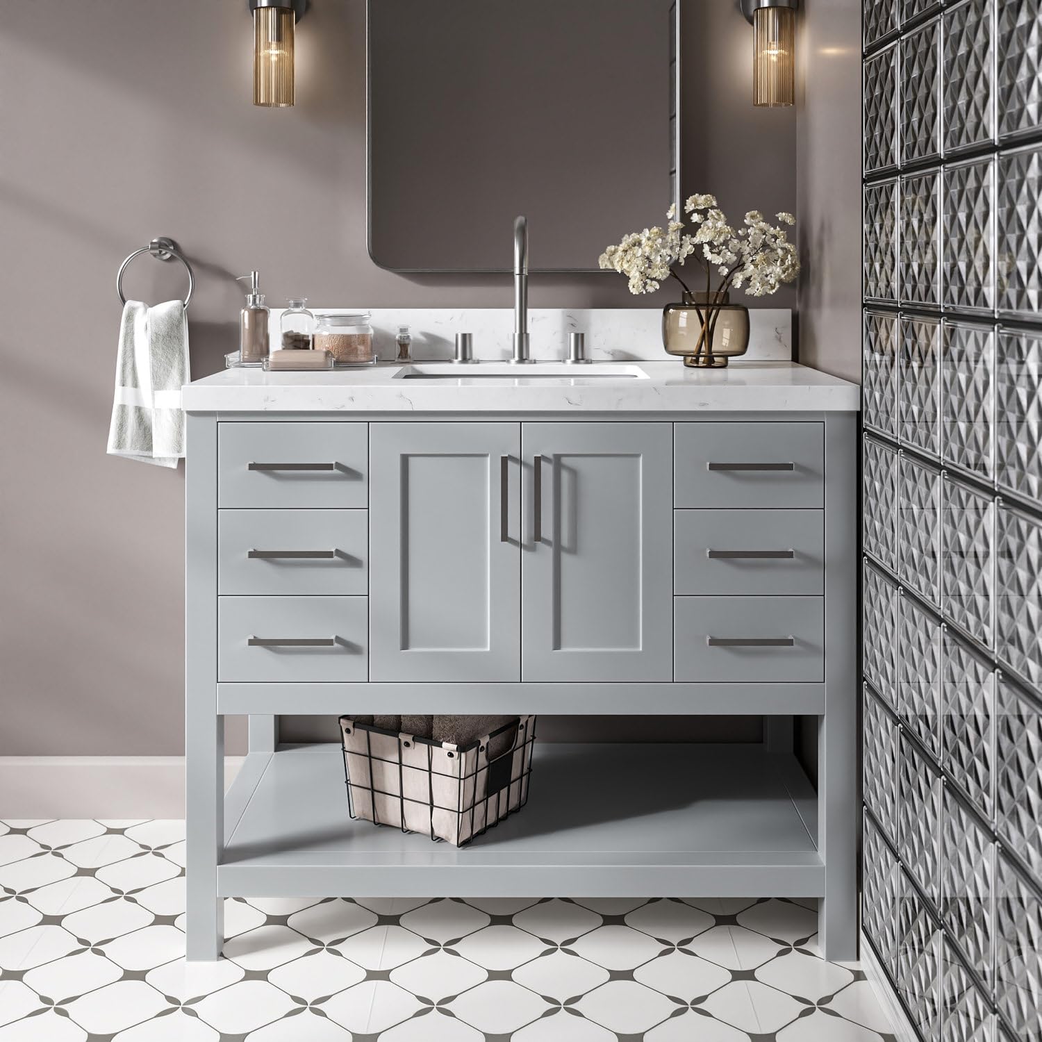 DKB Olivia 42" Grey Bathroom Vanity with Sink, 1.5" Carrara Quartz Countertop, Rectangular Undermount Sink, Solid Wood Frame, 2 Soft-Closing Doors, 6