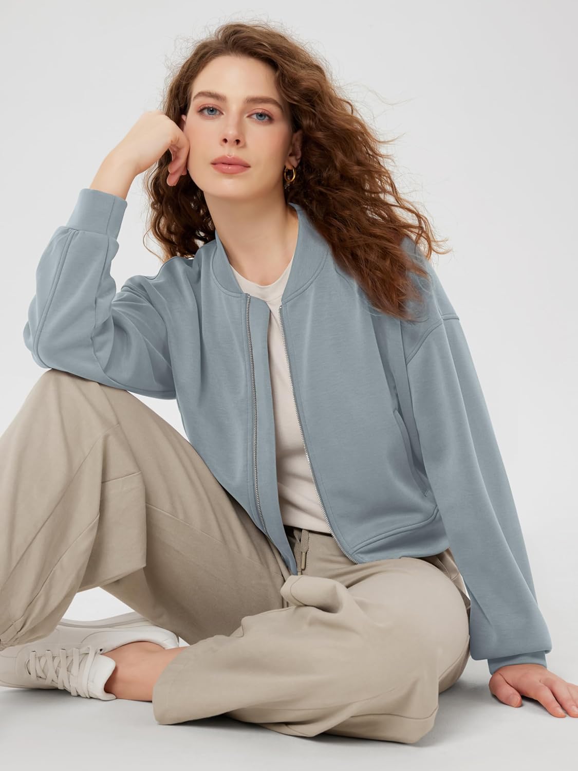 ODODOS Modal Soft Full-Zip Bomber Jacket for Women Long Sleeve Casual Fall Outfit Crop Top with Pockets - Image 4