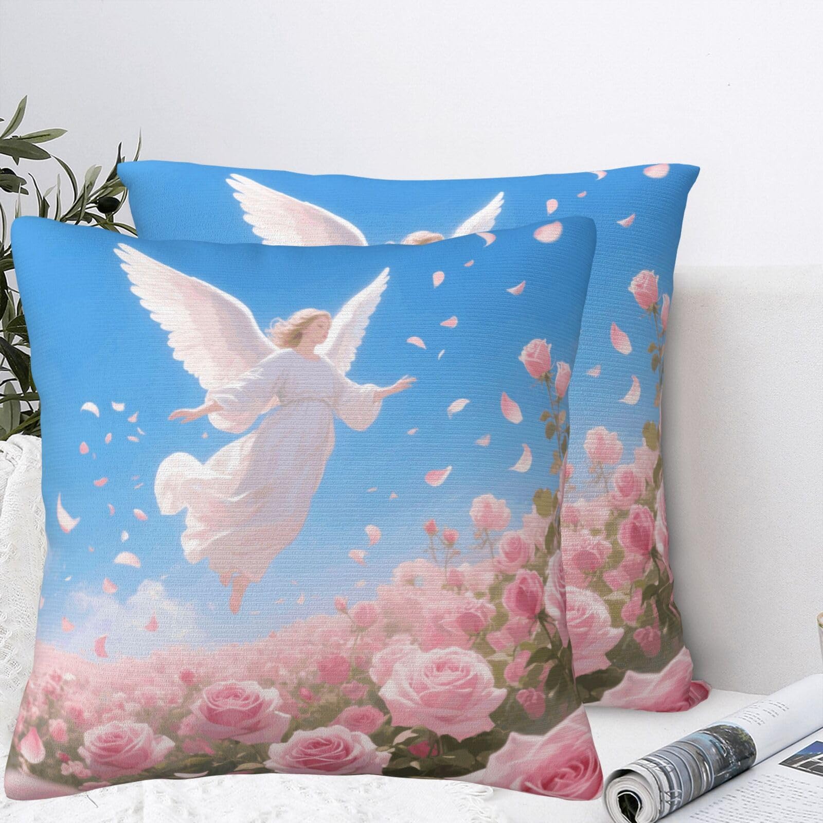 LMNGH Angel and Roses Plush Throw Pillow Covers 18"X18",Soft Cozy Couch Cushion Covers Decorative Pillow Cases for Holiday Home Bedroom Sofa Decors