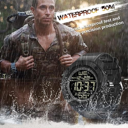 Miniatura 6 de Relojes militares para hombre, tácticos, al aire libre, 5ATM, impermeable, alarma, cronómetro, digital, para correr, reloj táctico, Negro -, Deporte