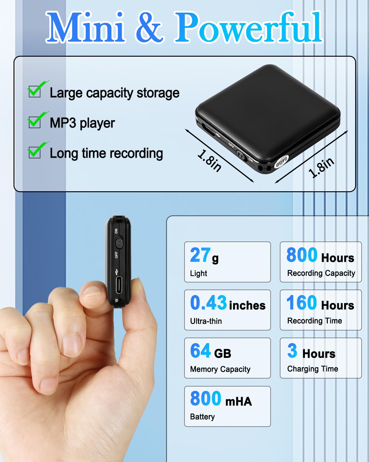 Magnetischer Mini Diktiergerät, 64 GB Aufnahmegerät mit Spracherkennung 160 Stunden Aufnahme, 1536kpbs Voice Recorder mit Rauschunterdrückung für Vorträge, Meetings, Interviews, Klasse (64GB)