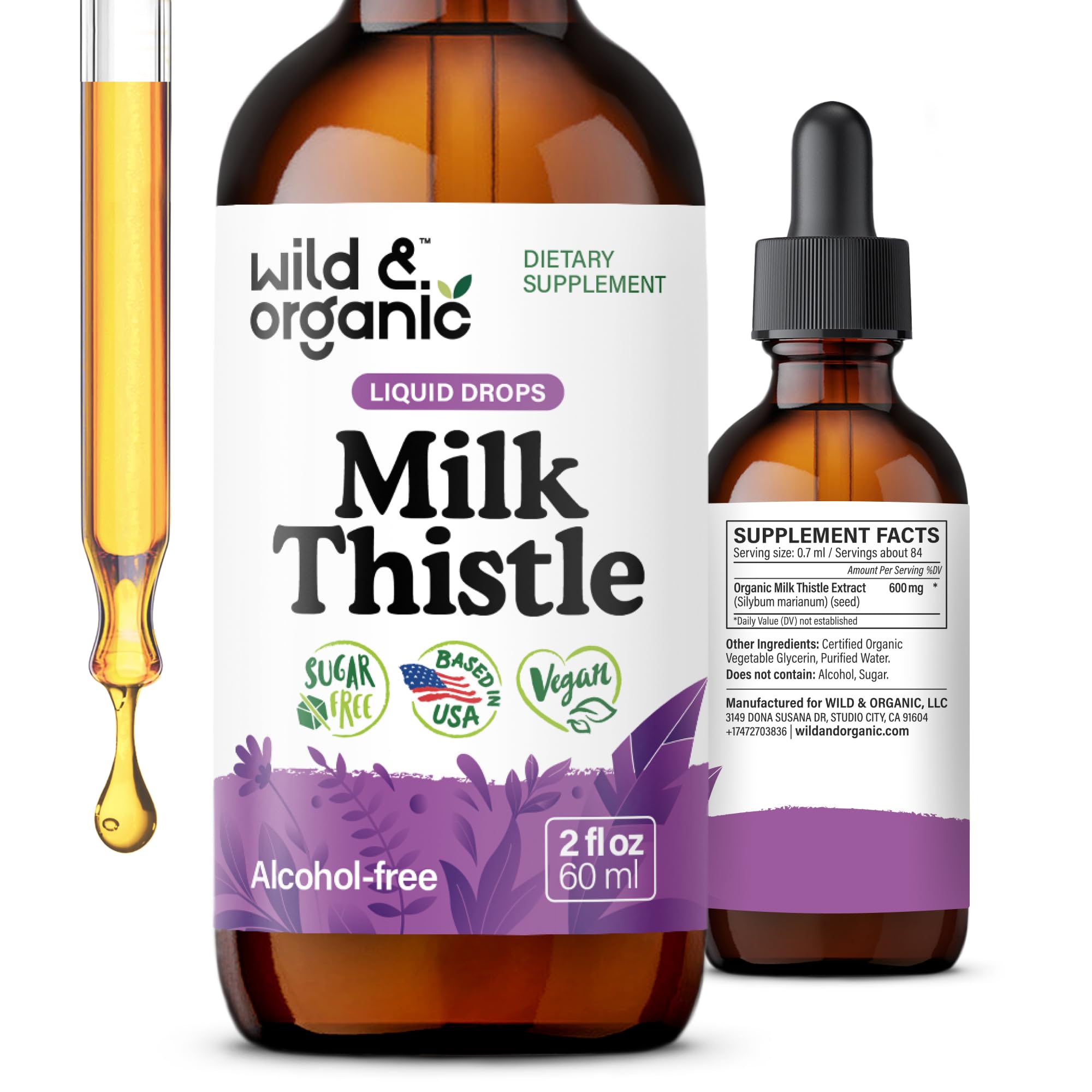 Wild & Organic Milk Thistle Extract Drops - Liver Cleanse Support - Milk Thistle Liver Detox Tincture - Liquid Silymarin Supplement - Silybum Marianum Seeds - Vegan, Sugar & Alcohol-Free - 2 fl oz