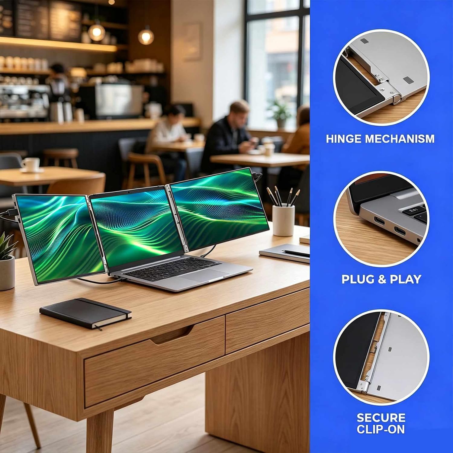 14" Portable Dual Monitor for 13.3-16 Inch Laptops | Aluminum Alloy Folding Screen Extender to Create Triple Display, Plug & Play (USB-C/Mini H/D) for Work, Travel, Home