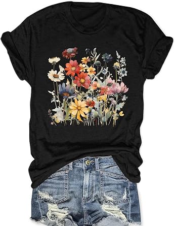 Women Vintage Wildflower T Shirt Funny Sun Mystical Shirts Boho Graphic Tees Short Sleeve Tops
