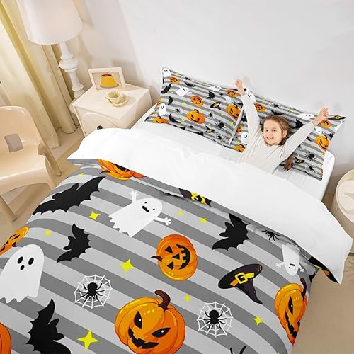 Miniatura 2 de Manfei Juego de funda de edredón de Halloween, tamaño Queen, fantasmas, calabaza, farol, murciélagos, araña, juego de ropa de cama de 3 piezas para