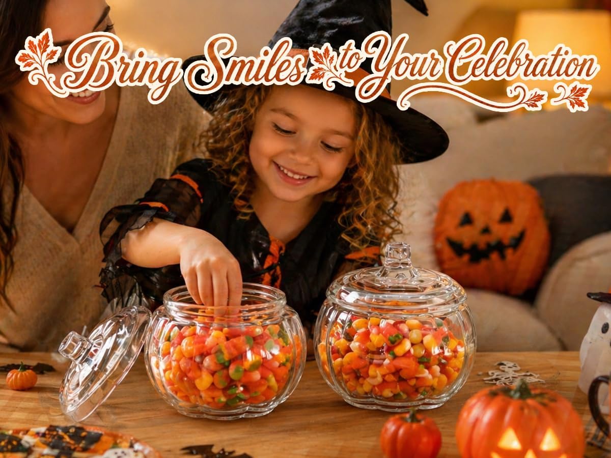 Pumpkin Glass Candy Jars with Lid - 2Pcs Halloween & Fall Decorations