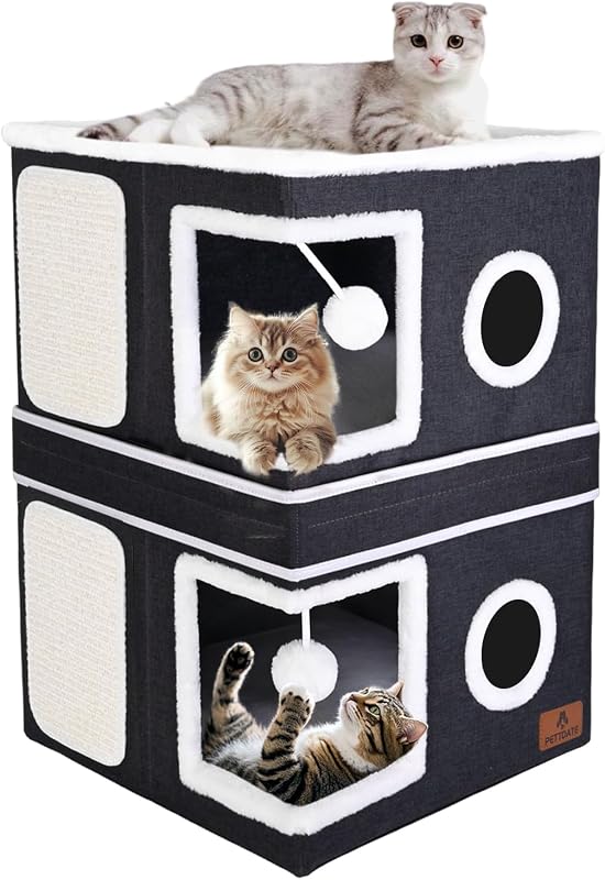 Casa e Condomínio para Gatos PETTDATE com 2 Andares, Arranhador de Sisal e Almofadas Reversíveis, Cinza-escuro