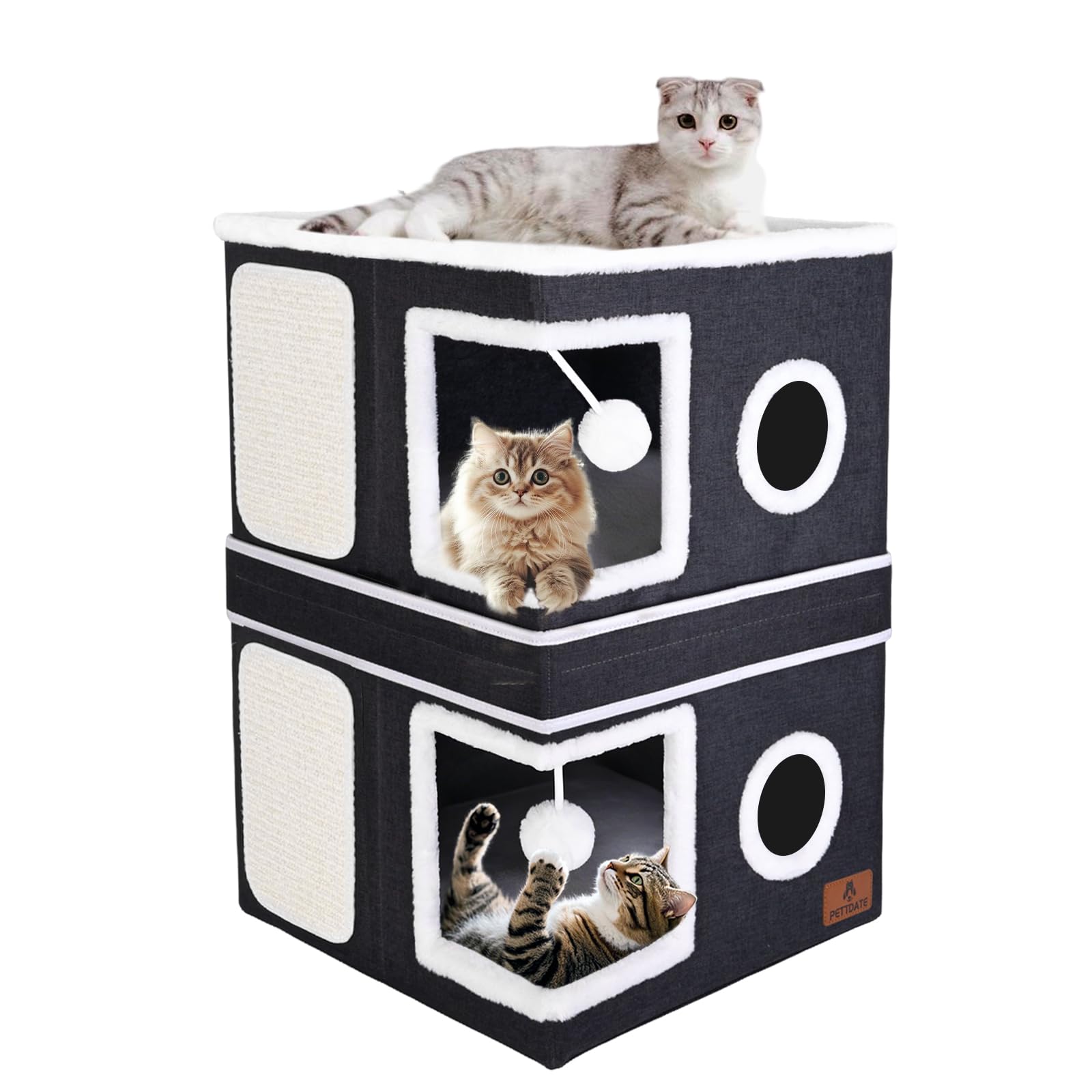 2-Story Cat House for Indoor Cats, Dual-Purpose Cave Bed with Scratch Pad and Fluffy Ball, Foldable Cat Hideaway, Cute Condo Furniture for Multi Small Pet Kitten, Dark Grey