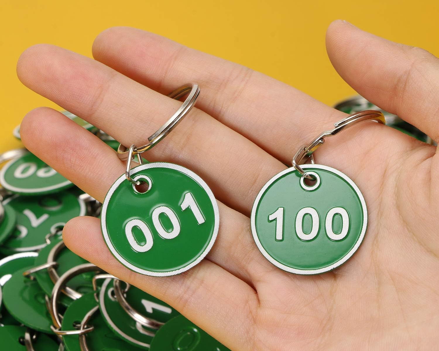 ONLYKXY 1-100 Number Colorful Tough Aluminum Metal Numbered Marking Identification Hang Tags Luggage Labels ID Tag with Split Rings for Organized Coded Key Box Cabinet System Identifier (Green)