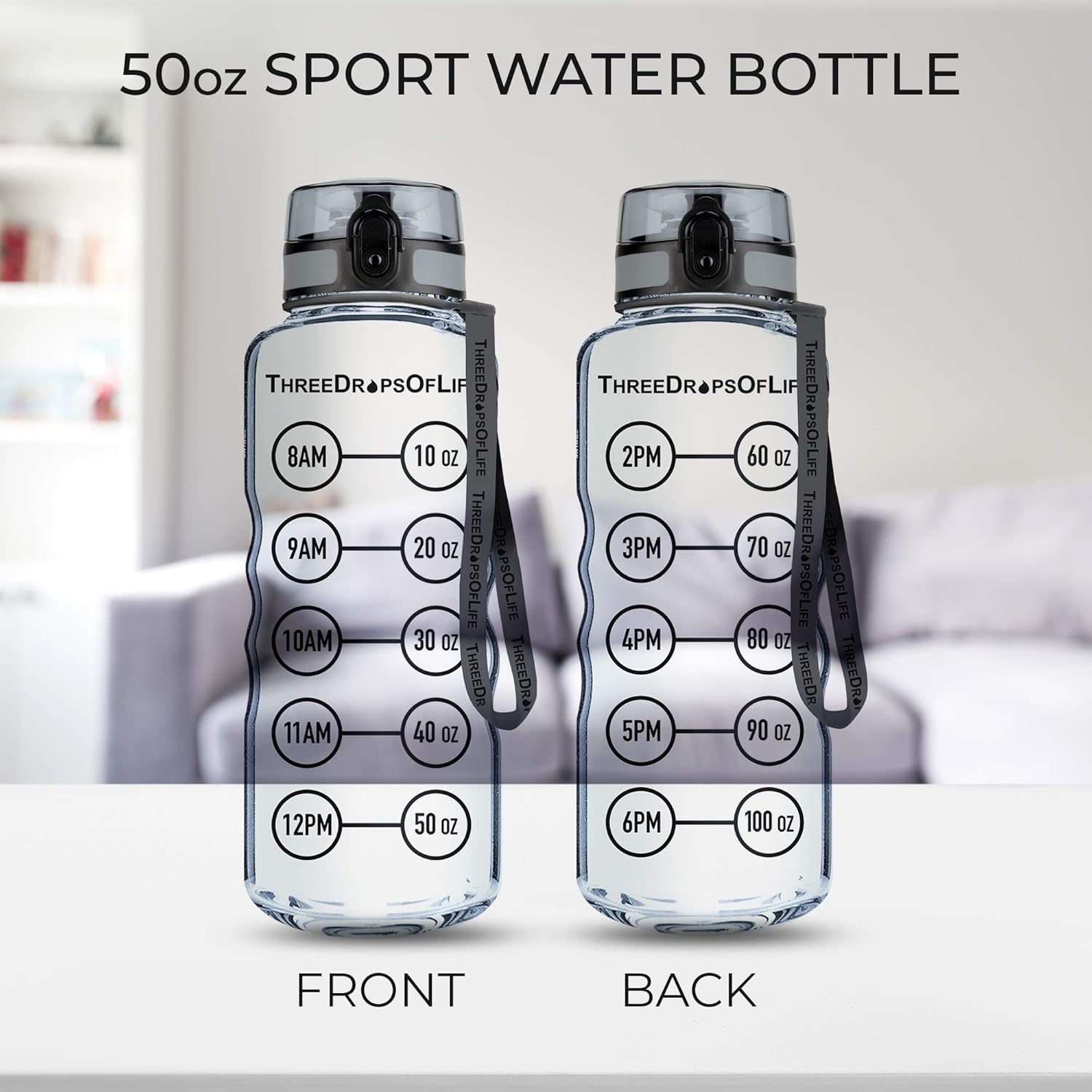 50oz Water Bottle Timer Reminder, Measuring Lines Container, Clear Tritan Plastic, BPA Free, Flip Top, Leak Proof Lid, Motivational Reminder Bottles, Reusable Time Markings for Drinking - Image 6