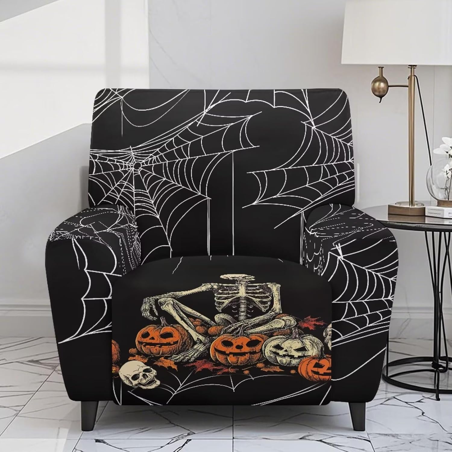 Halloween Recliner Couch Covers Skeleton Spider Web Pumpkin Furniture Protector Covers for Pet Stretch Comfy Recliner Chair Cover with Storage Pockets and Elastic Straps