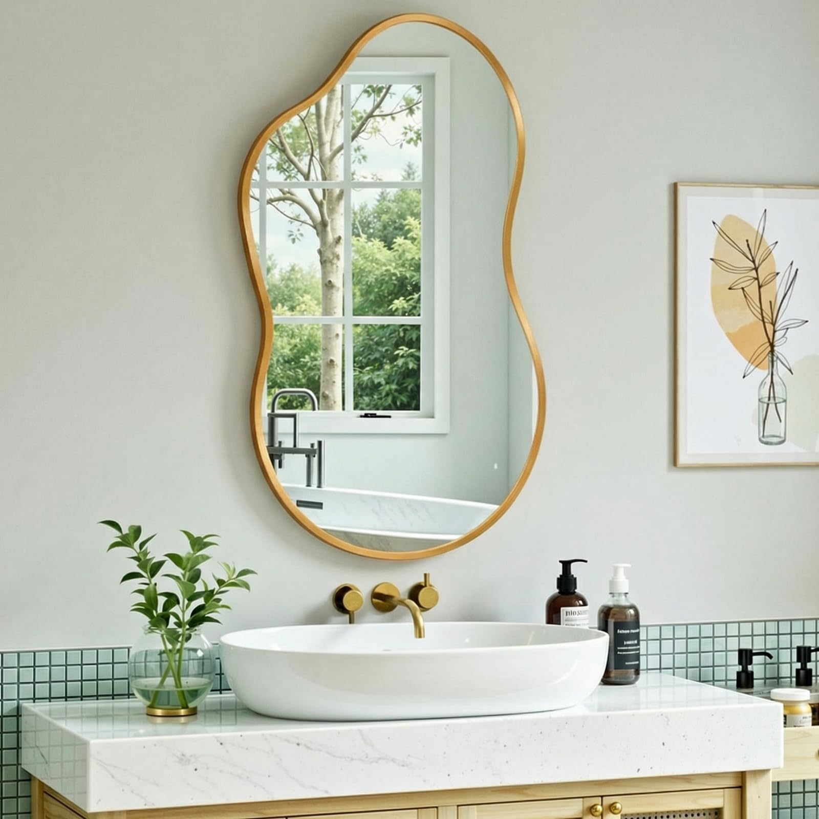 MAMIZO Miroir asymétrique, 50 x 91 cm, miroir mural de forme irrégulière, verre trempé, cadre en aluminium, miroirs décoratifs, miroir de maquillage unique, miroir de salle de bain, doré