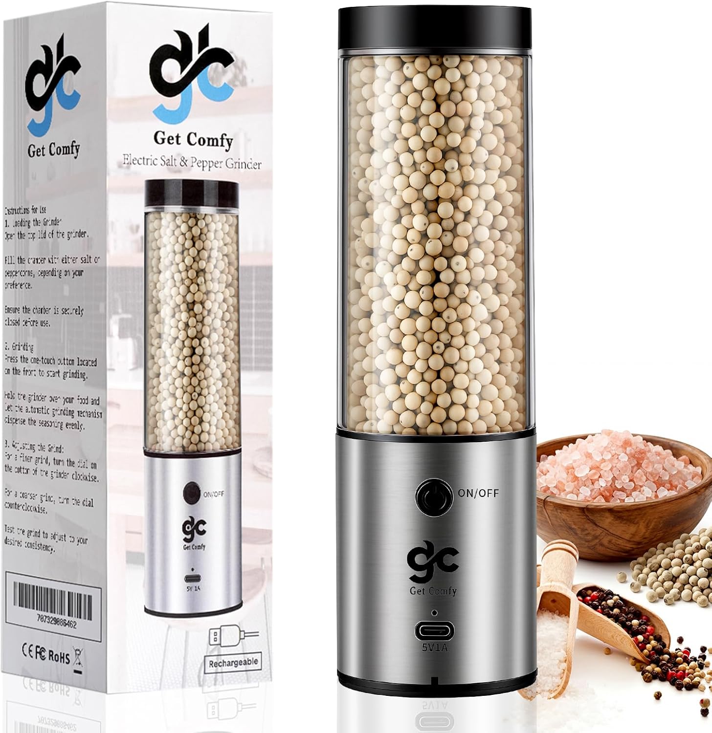 Electric Salt & Pepper Grinder Set One-Handed Automatic Pepper Mill with LED Light Adjustable Coarseness Large-Capacity Refillable Mill Durable Ceramic Core Battery Powered Seasoning Grinder for Home