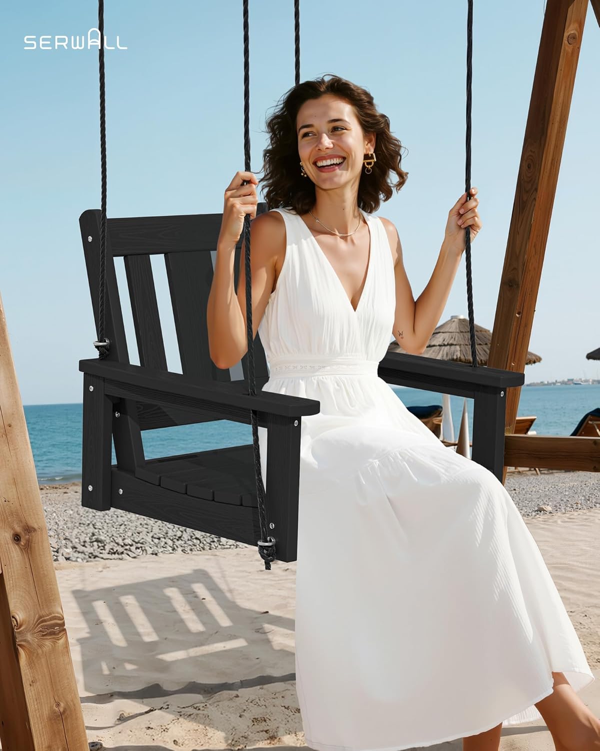 SERWALL HDPE Single Porch Swing, Heavy Duty Single Person Swing Chair with 2 Polypropylene Hanging Ropes, Adirondack Hanging Chair for Outdoor Front Porch Patio Garden Yard, Black