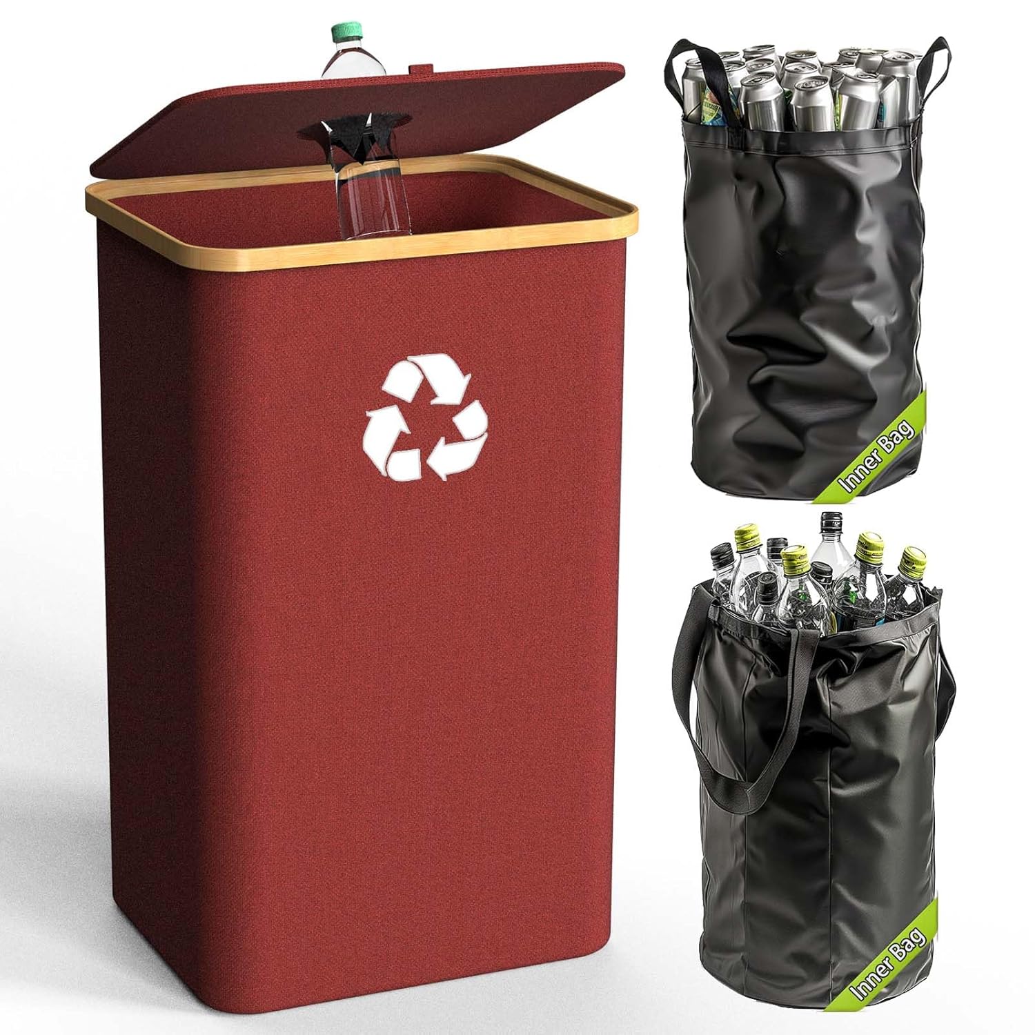 Recycling Bin for Kitchen Indoor Home, Large 100L/ 26 Gallon Recycle Bin with Lid Removeable Reusable Inner Bag Bottle Can Glass Waste Plastice Stickers (Red, 26 Gallon) 26 Gallon Red