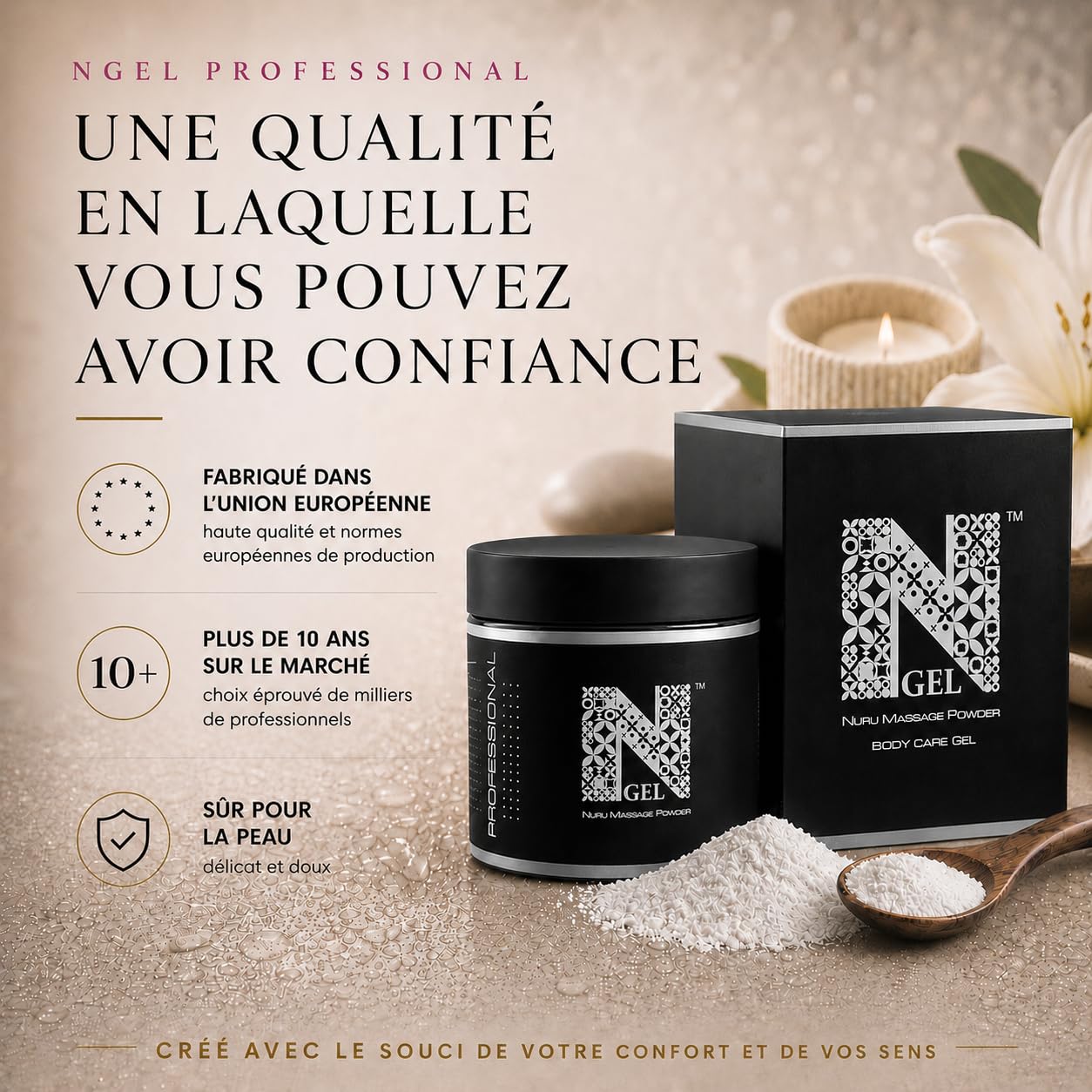 Gel de Massage Nuru en Poudre – NGel Nuru Massage Powder Professional 450g – Jusqu’à 45L de Gel – Body-to-Body – Made in EU – Sans Parfum – Algues Nori et Aloe Vera