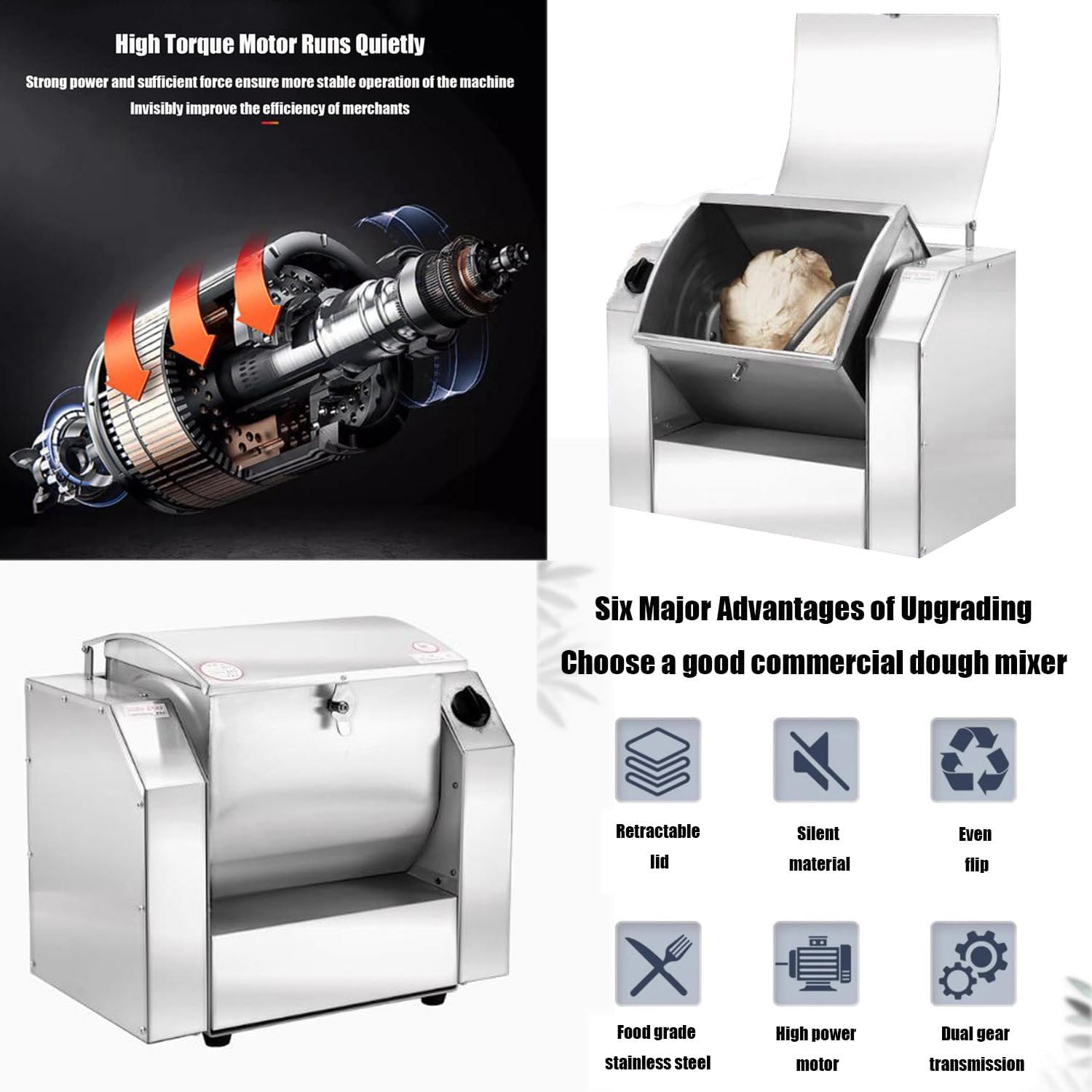 Commercial Dough Mixer with Timing Function,Electric Dough Kneading Mixer Machine,Large Horizontal Stainless Steel Fully Automatic Dough Mixer 10KG