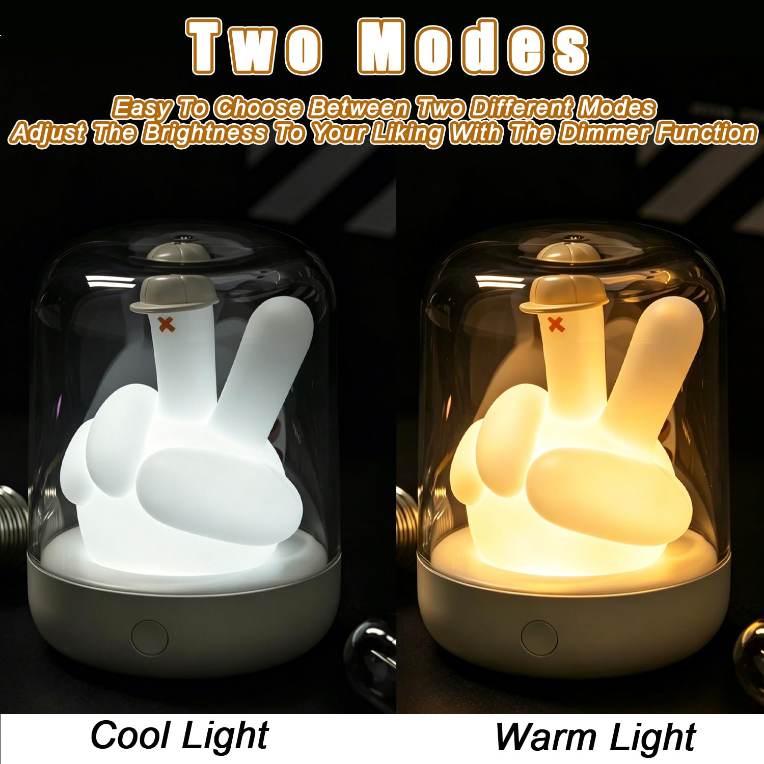 Veilleuse blanche transparente avec doigt lumineux à l'intérieur, minuterie de 20/40 minutes, arrêt automatique, batterie rechargeable USB-C 5H, chaude, froide, bicolore, pour chambre