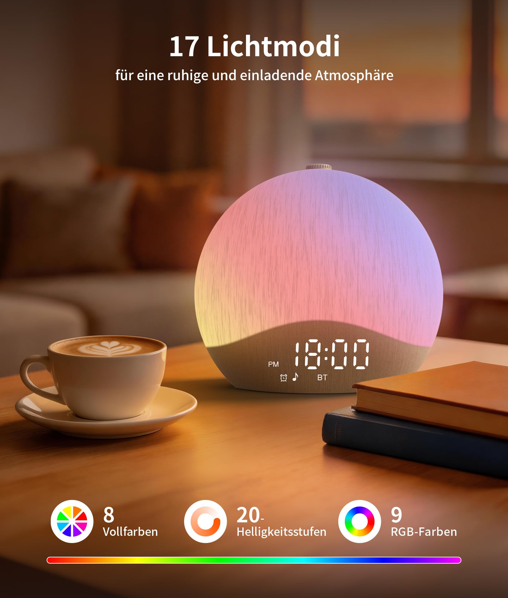 ecozy Tageslichtwecker, Bluetooth-Zeitsynchronisierung, Lichtwecker | 26 Schlafklänge, 17 Nachtlichter, Weißes Rauschen, Baumwoll-Leinen, Sonnenaufgang Wecker für Tiefschläfer/Kinder/Schlafzimmer
