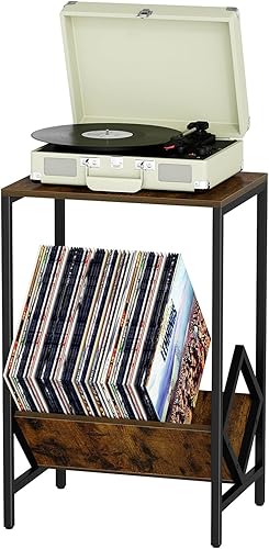 Miniatura 4 de Mesa auxiliar de 2 niveles, mesa auxiliar, soporte para tocadiscos con almacenamiento de hasta 100 álbumes, almacenamiento de discos de vinilo,