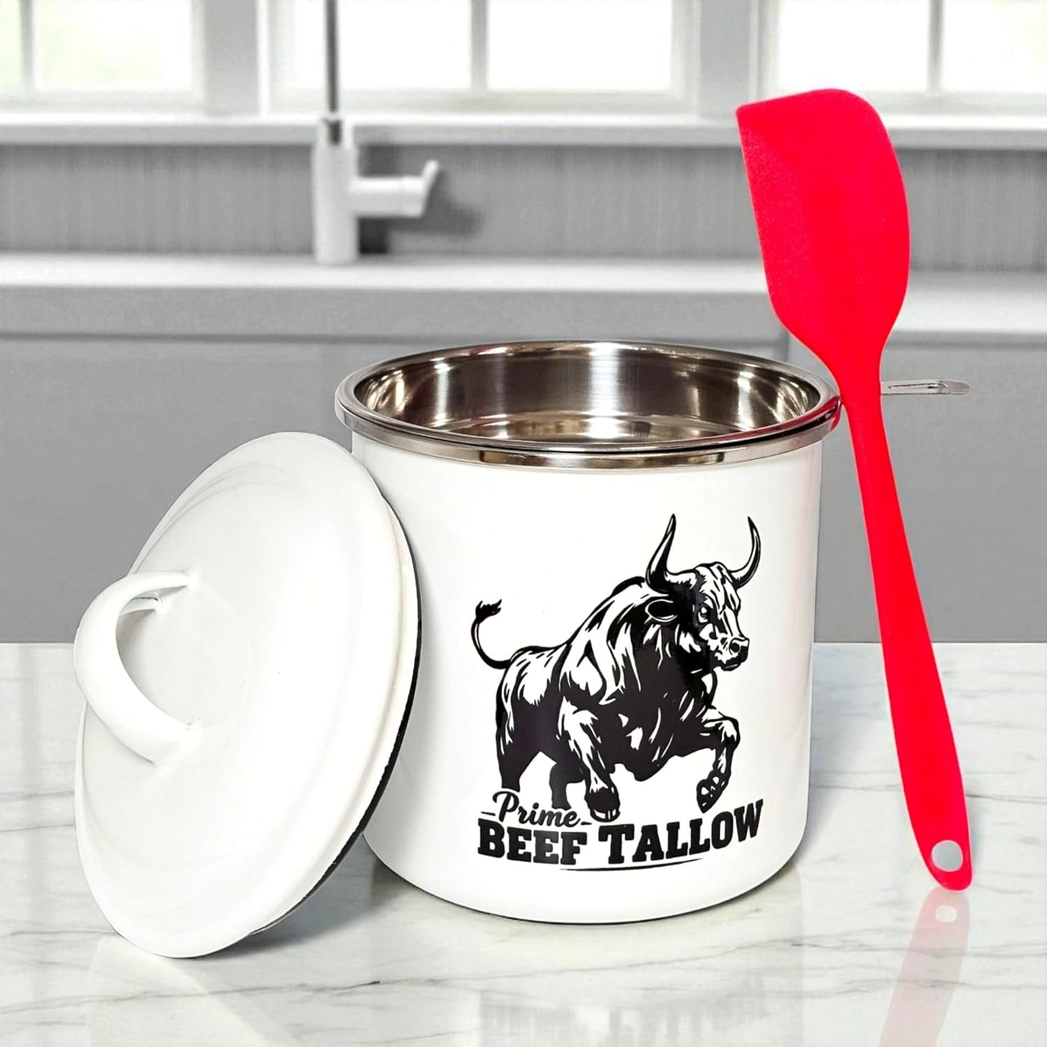 Beef Tallow Container with strainer for Fat Storage – 40 floz–1.1 L– Bacon Grease Container, Strainer, & Spatula for Brisket Drippings, Lard, & Oil– Grease Keeper for Kitchen - Dishwasher Safe