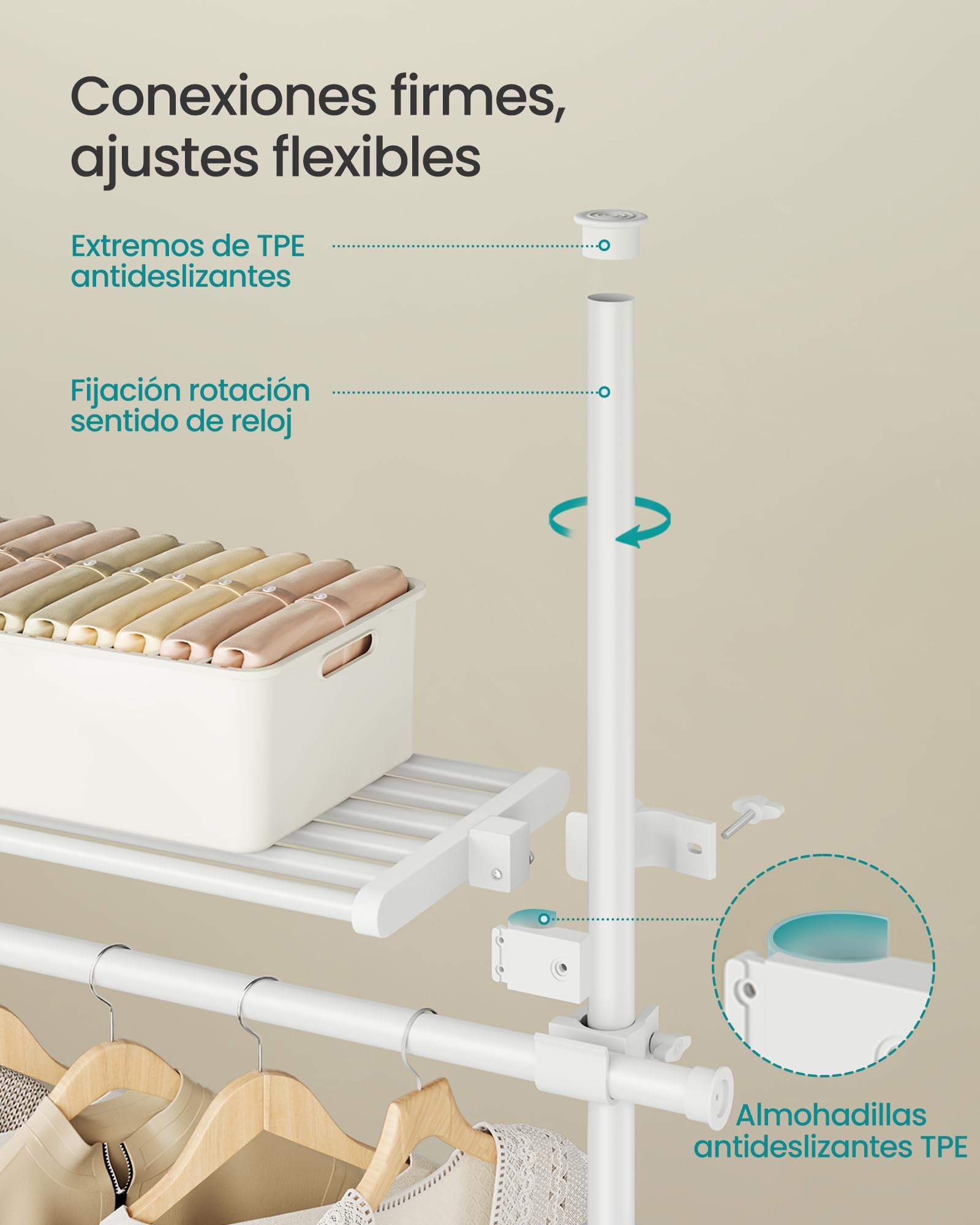 SONGMICS Perchero de piso a techo ajustable, 3 niveles, barra de ropa, organizador de armario, blanco mate