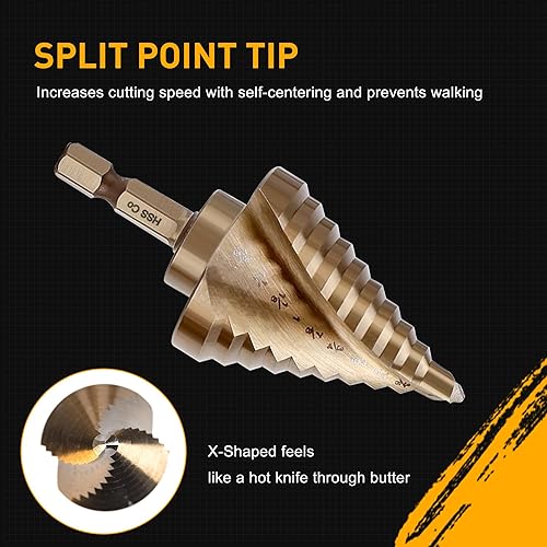 Miniatura 3 de Juego de 6 brocas escalonadas de cobalto, taladro escalonado de vástago hexagonal con dos flautas en espiral y punzón central automático para metal,