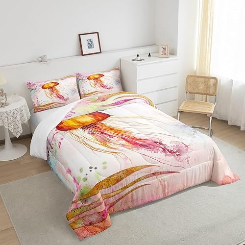 Miniatura 4 de Erosebridal Juego de edredón de medusas, relleno de edredón de flores de cerezo rosa para niñas y niños, juegos de ropa de cama de medusas 3D ombré,