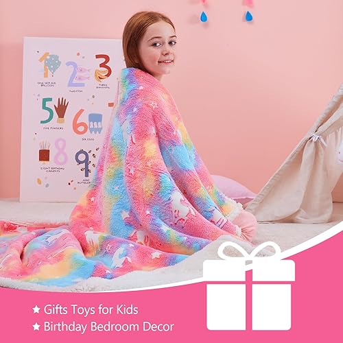 Miniatura 4 de QSTEHEML Manta de unicornio que brilla en la oscuridad, manta de sherpa para niñas de 3, 4, 5, 6, 7, 8, 9, 10, 11, 12 años, manta suave y luminosa