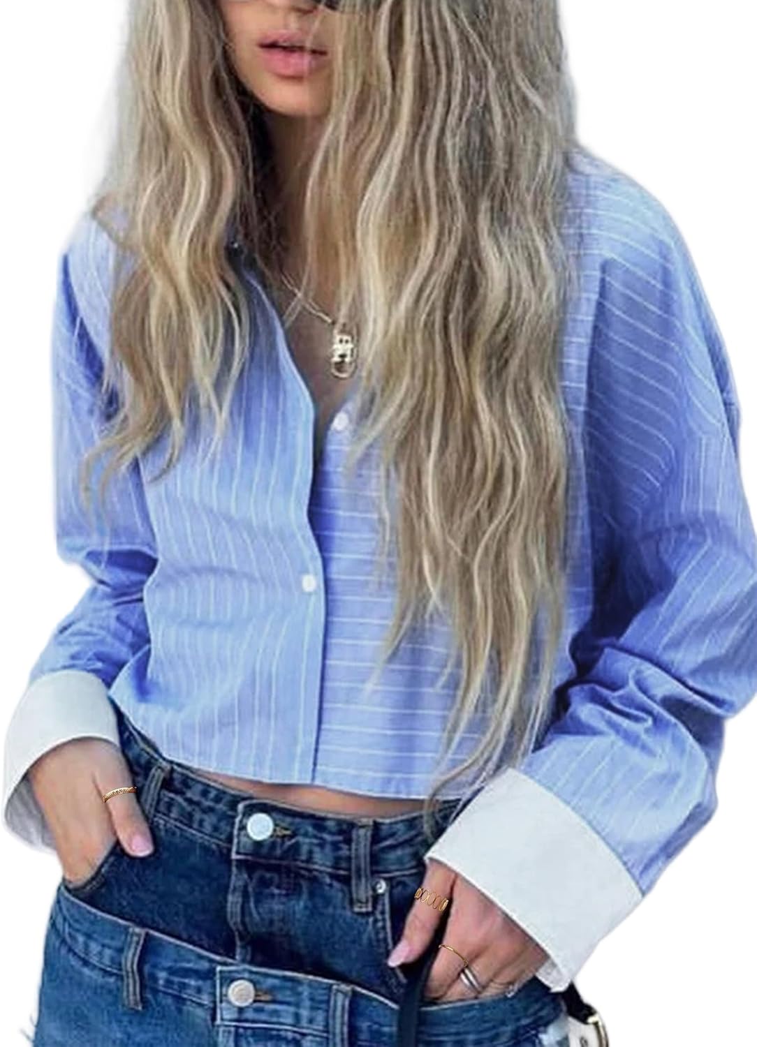 Remidoo Women's Casual Striped Cropped Button Down Shirt Long Sleeve Crop Top Blue Small - Image 5