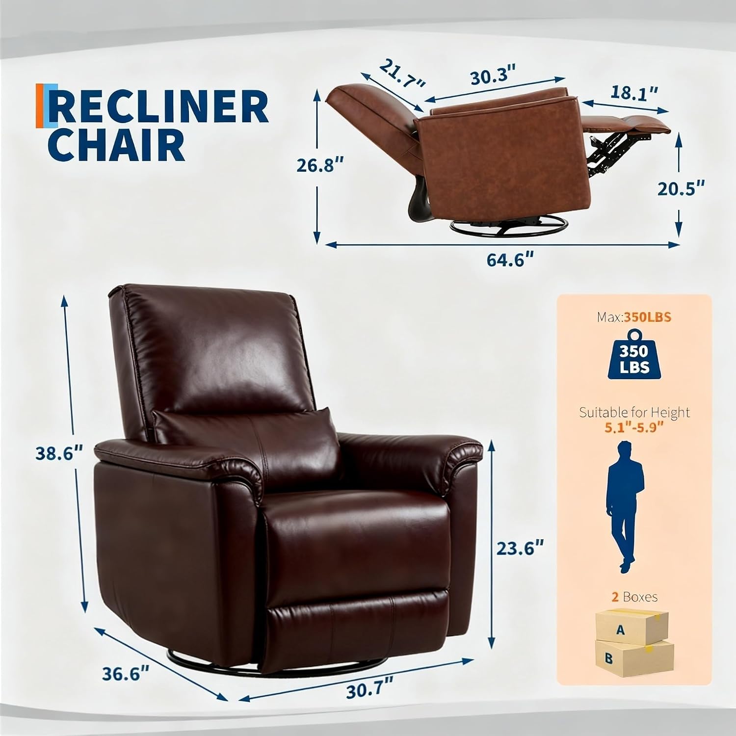 IDEALHOUSE Swivel Rocking Nursery Recliner Chair Rocker Recliner Glider Deep Seat PU Leather Sofa Chair with high Backrest for Nursery, Living Room, Bedroom & Home Movie Theater (Dark Brown)