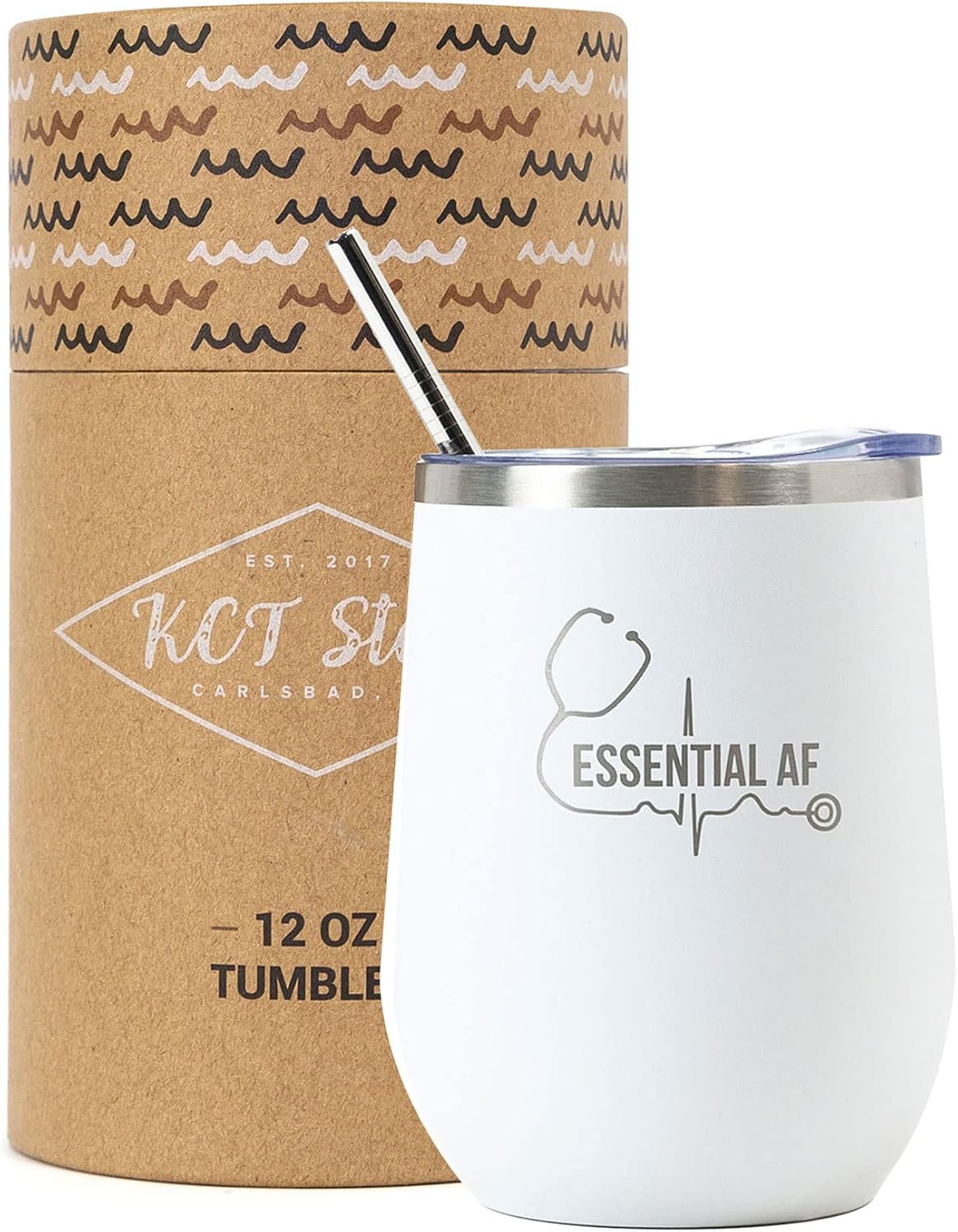 KCT Store Nurse Gifts - Doctor Gifts & Medical Gifts - Essential AF - Stainless Steel Double Walled Wine & Coffee Tumbler - BPA Free Closing Lid and Metal Straw Included - 12 oz (Matte White)