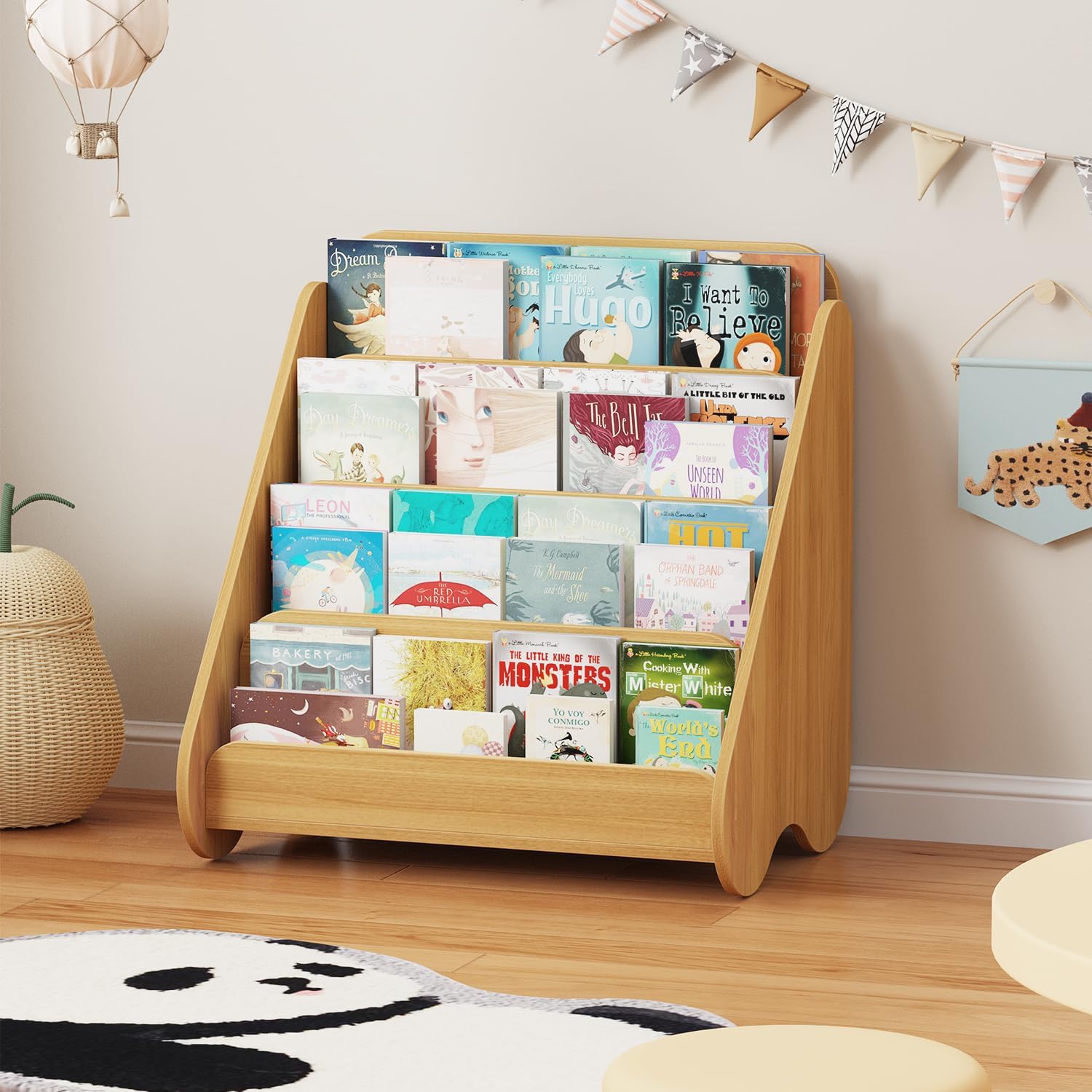 Lkeiyay 4-Tier Scalloped Bookshelf, Montessori Bookshelf, Wooden Book Shelf Organizer Display Furniture for Kids Rooms,Classoom,Nursery