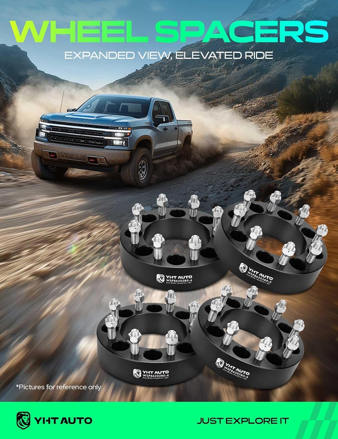 YHTAUTO 8x6.5 Inch Wheel Spacers 2 Inch Fits Chevy Silverado, GMC Sierra, Ram 2500/3500, Nissan, Hummer Models Tire Spacers w/ M14x1.5 Studs 126.15mm Center Bore 8 Lug 4PCS Black