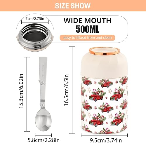 Miniatura 3 de MCHIVER Merry Christmas Truck Sweets Food Jar with Spoon Stainless Steel Vacuum Insulated Food Container 17 oz Soup Thermos for Hot Food