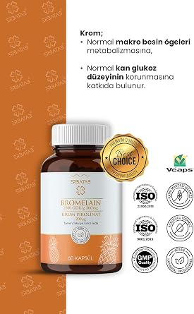 Erbatab Bromelain Krom Pikolinat 60 Kapsül - 500 mg Ananas Enzimi, 2500 GDU, Bitkisel Takviye Edici Gıda