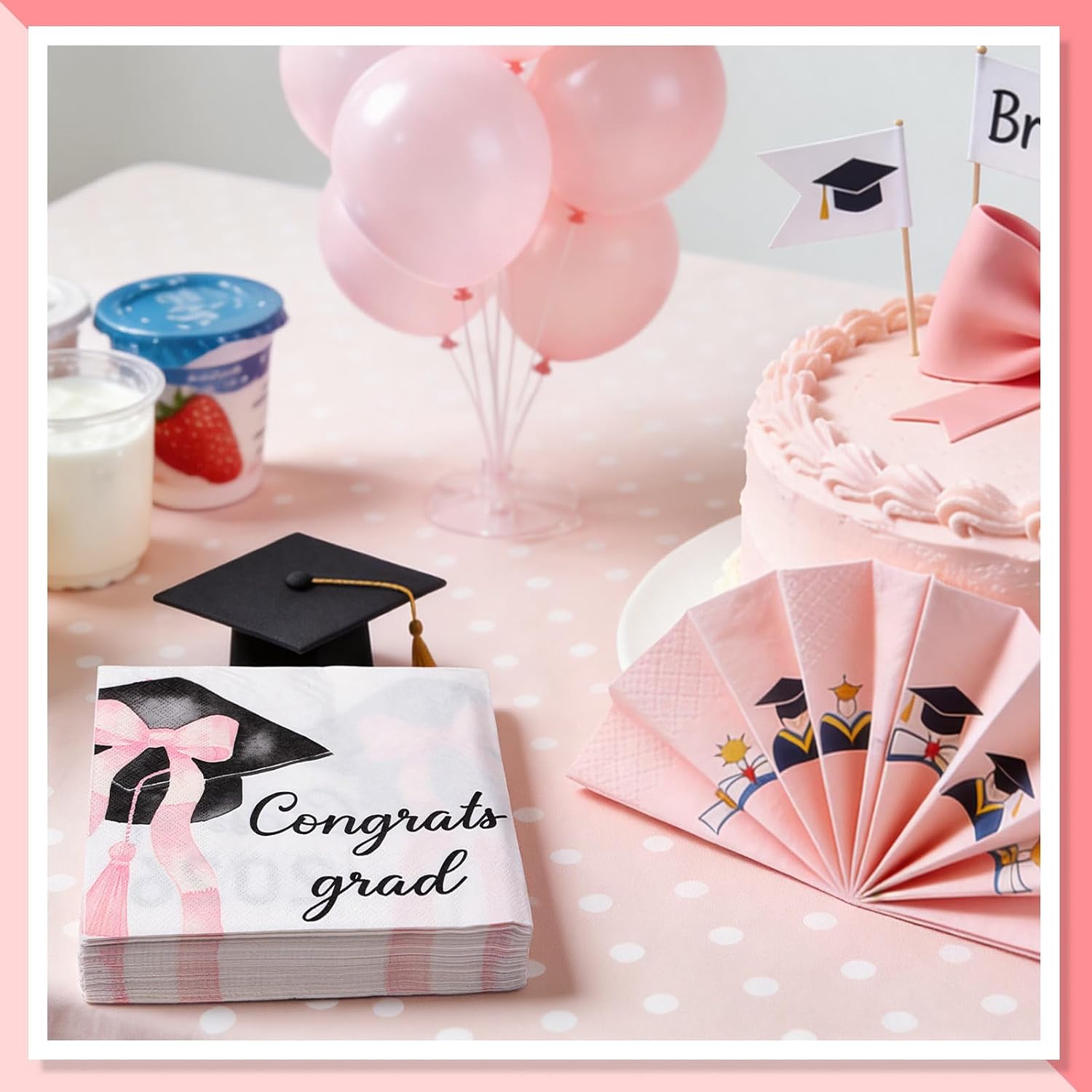 Resurhang 50 Pcs Pink Bow Graduation Party Napkins Supplies, 6.5 x 6.5 Inch Folded 3 Ply Disposable Coquette 2026 Congrats Grad Napkins for Class of 2026 Grad Congrats Party Supplies